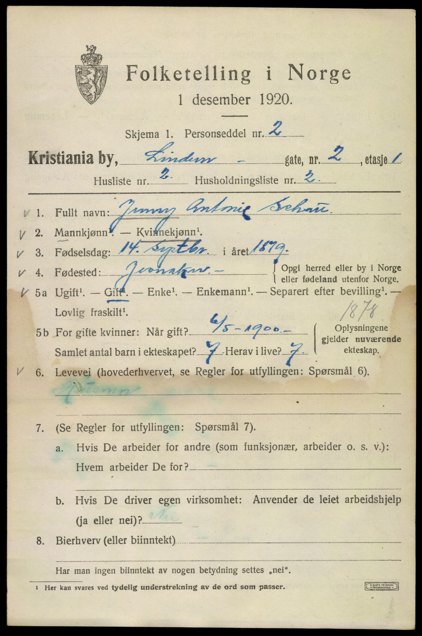 SAO, 1920 census for Kristiania, 1920, p. 365051