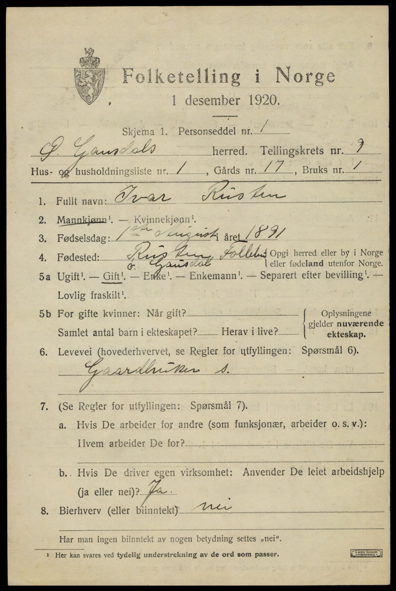 SAH, 1920 census for Østre Gausdal, 1920, p. 4924