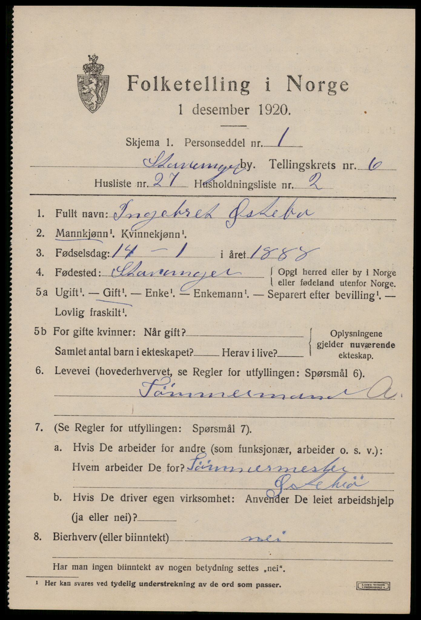 SAST, 1920 census for Stavanger, 1920, p. 42742