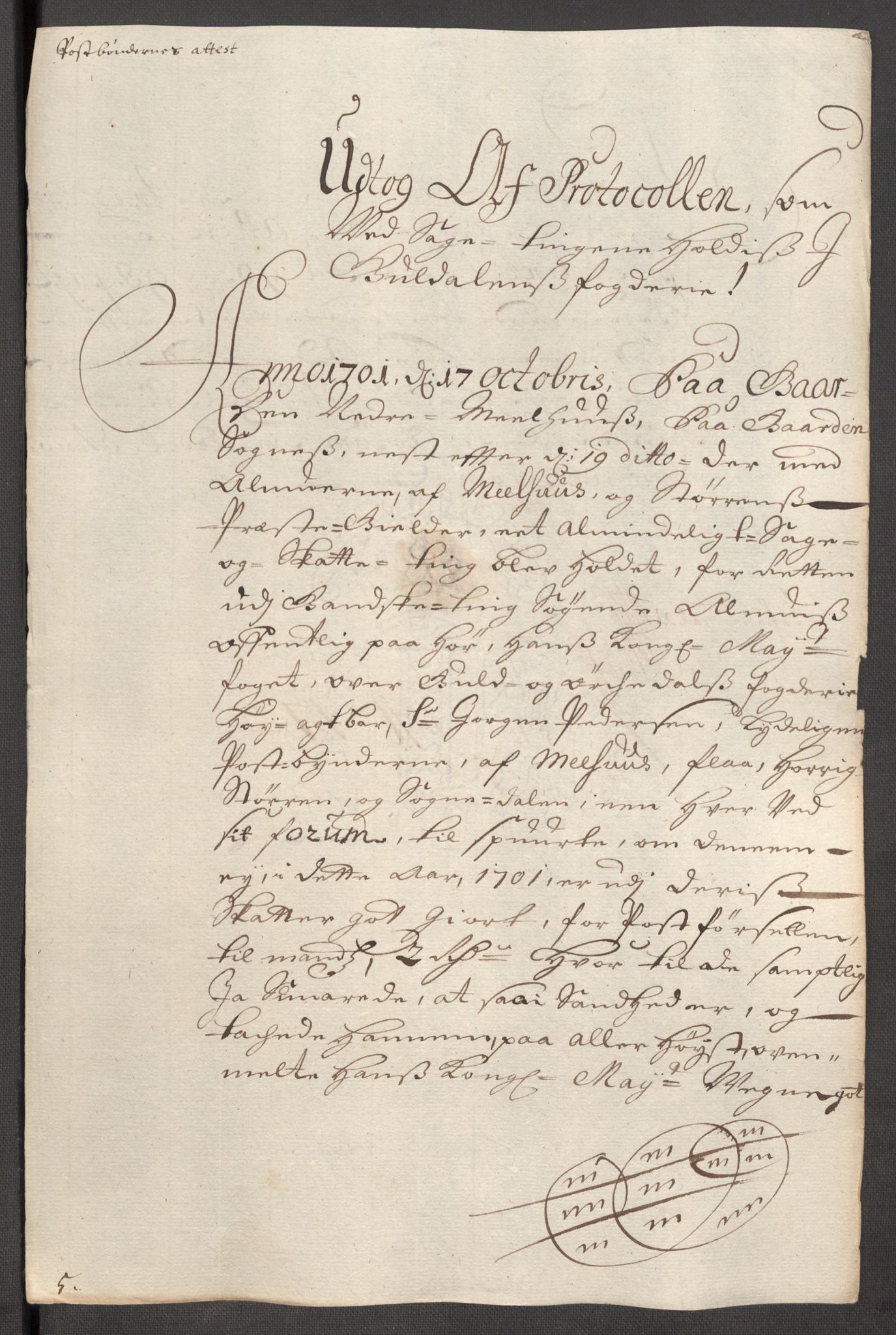 Rentekammeret inntil 1814, Reviderte regnskaper, Fogderegnskap, AV/RA-EA-4092/R60/L3951: Fogderegnskap Orkdal og Gauldal, 1701, p. 290