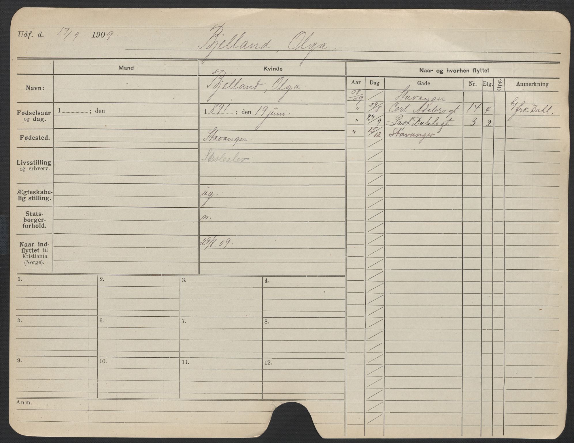 Oslo folkeregister, Registerkort, AV/SAO-A-11715/F/Fa/Fac/L0013: Kvinner, 1906-1914, p. 374a