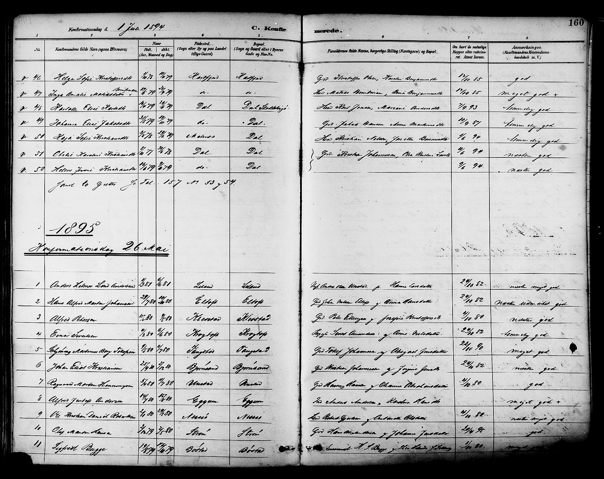 Ministerialprotokoller, klokkerbøker og fødselsregistre - Nordland, SAT/A-1459/880/L1133: Parish register (official) no. 880A07, 1888-1898, p. 160