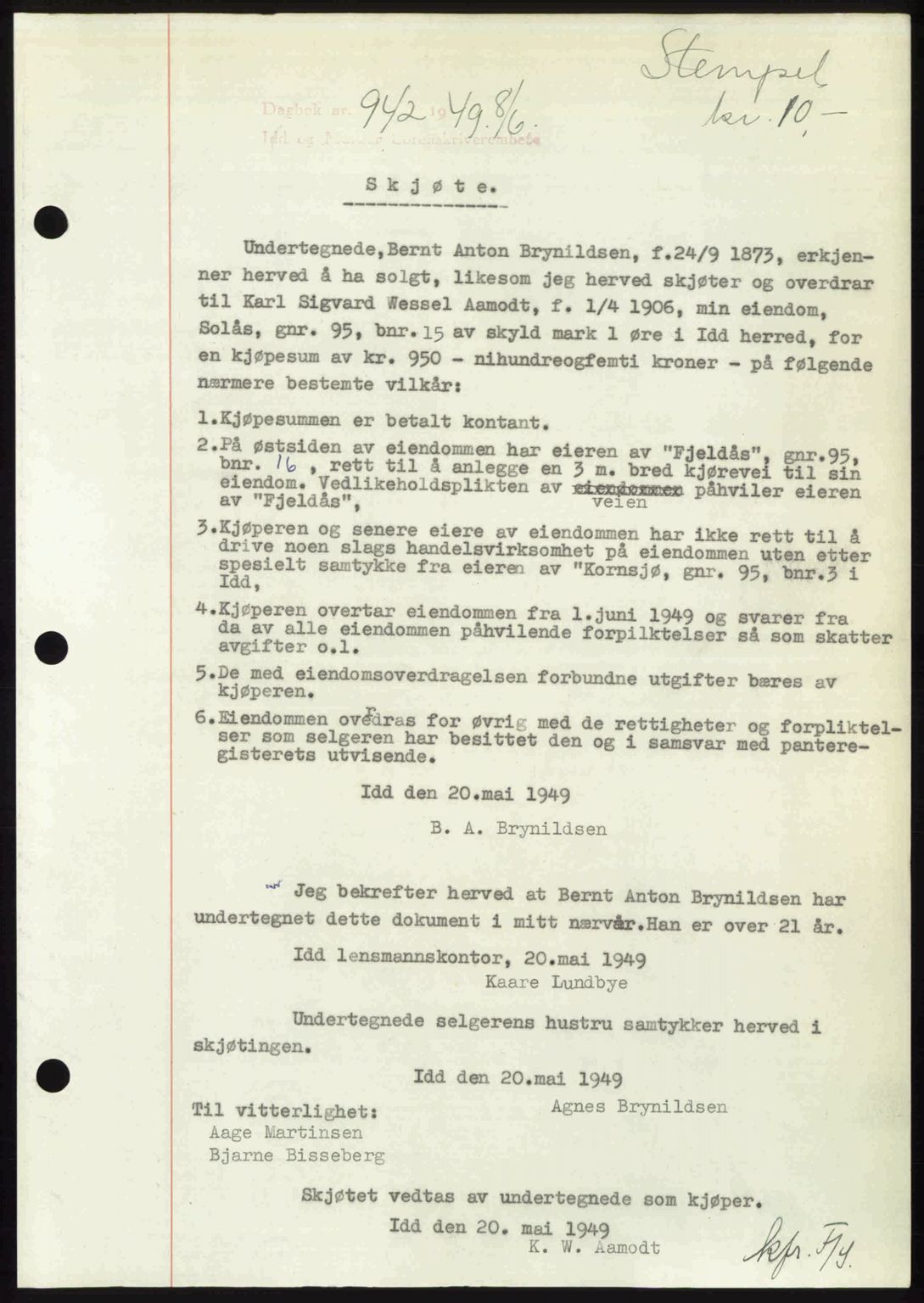 Idd og Marker sorenskriveri, AV/SAO-A-10283/G/Gb/Gbb/L0012: Mortgage book no. A12, 1949-1949, Diary no: : 942/1949