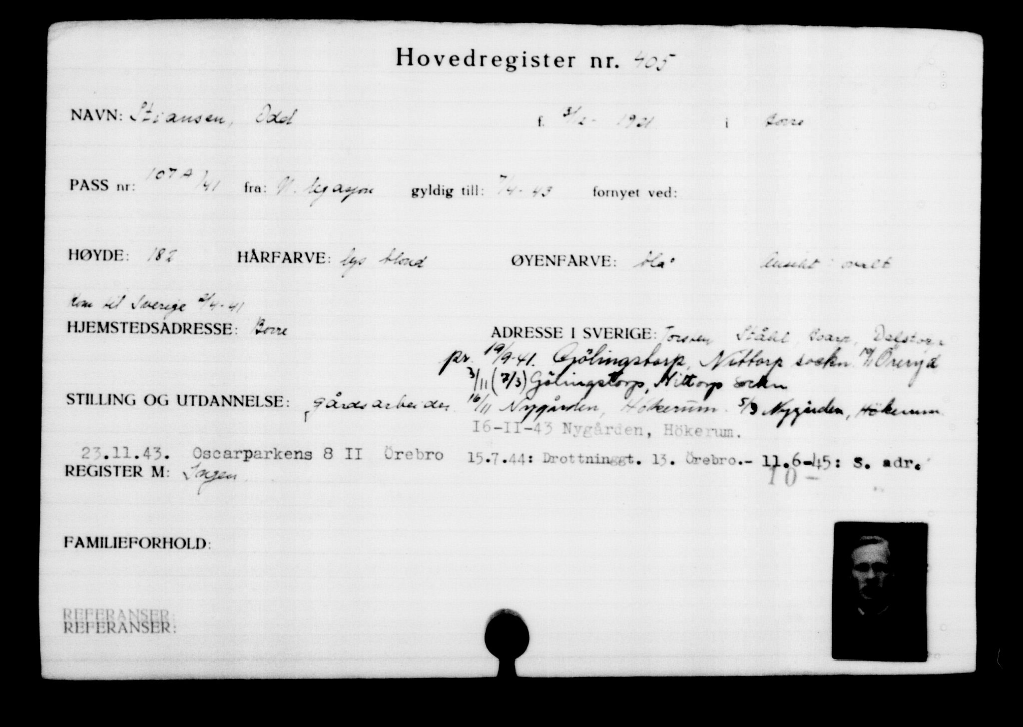 Utenriksstasjonene, Legasjonen i Stockholm, Flyktningkontoret, AV/RA-S-6753/V/Va/L0001: Kjesäterkartoteket, flyktninger med registreringsnr. 1-1000, 1940-1945, p. 636