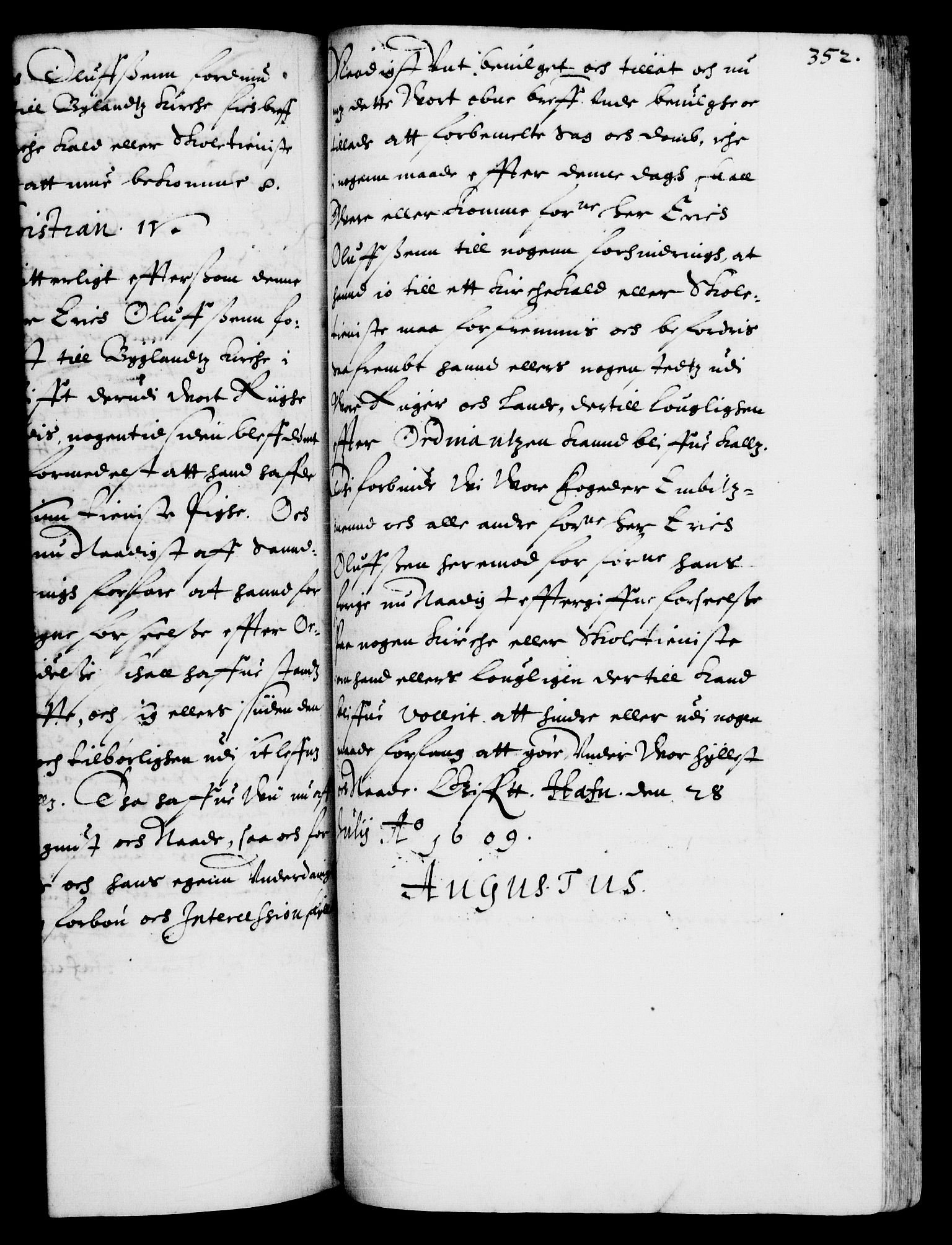 Danske Kanselli 1572-1799, AV/RA-EA-3023/F/Fc/Fca/Fcaa/L0003: Norske registre (mikrofilm), 1596-1616, p. 352a