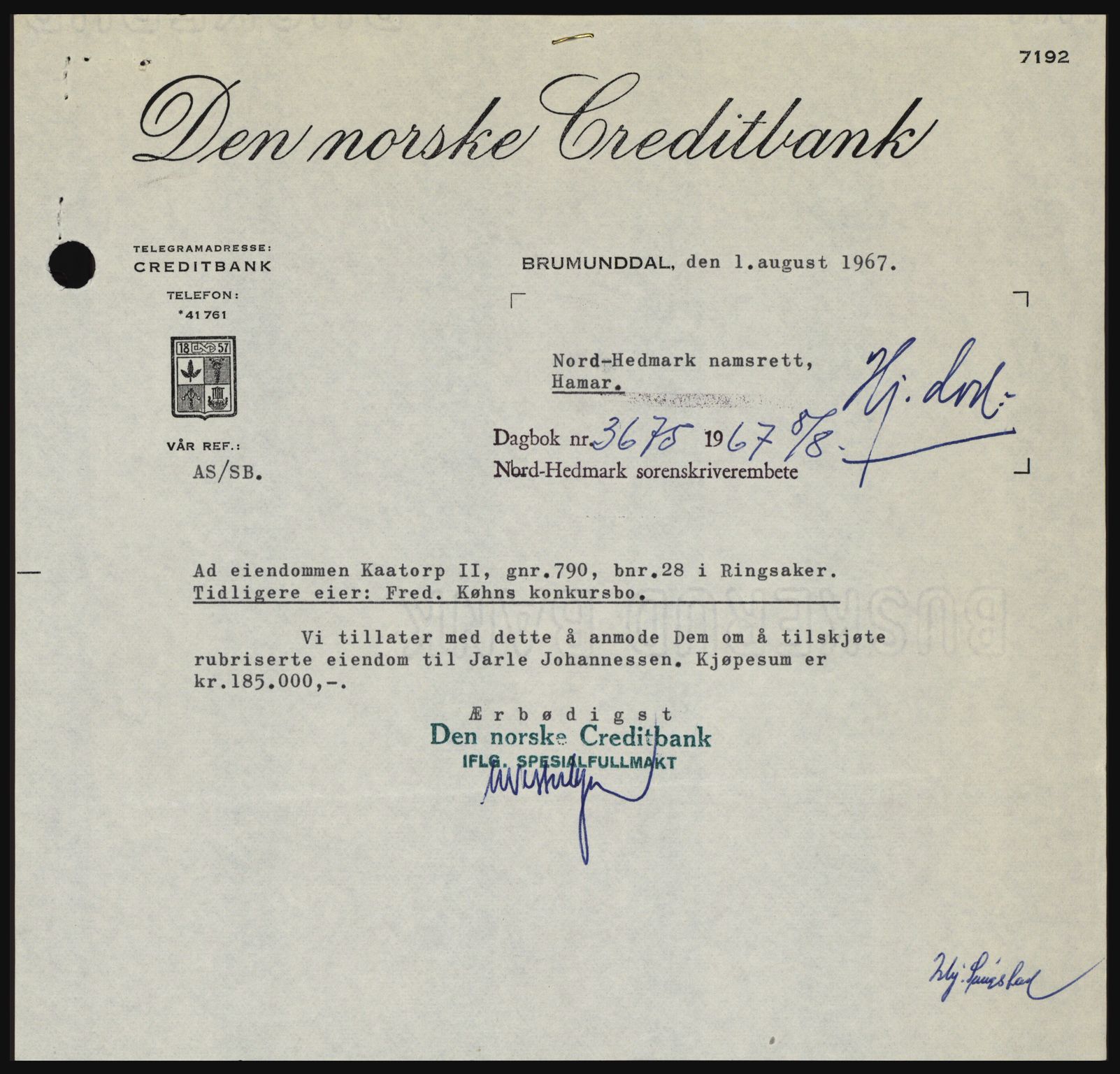 Nord-Hedmark sorenskriveri, SAH/TING-012/H/Hc/L0026: Mortgage book no. 26, 1967-1967, Diary no: : 3675/1967