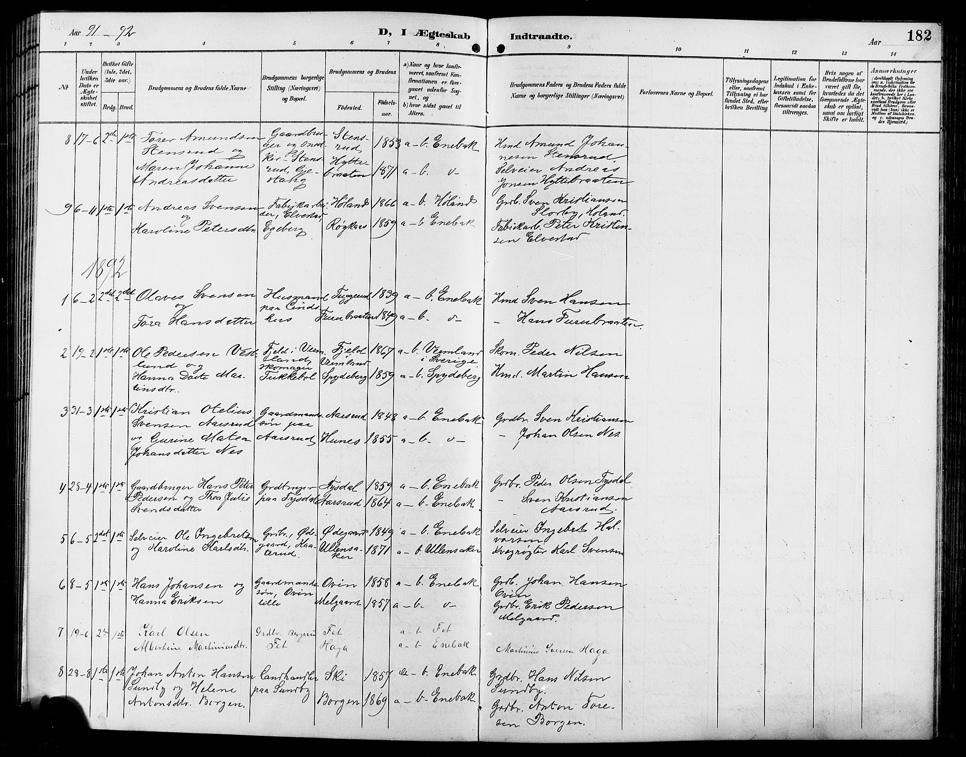 Enebakk prestekontor Kirkebøker, SAO/A-10171c/G/Ga/L0006: Parish register (copy) no. I 6, 1889-1911, p. 182
