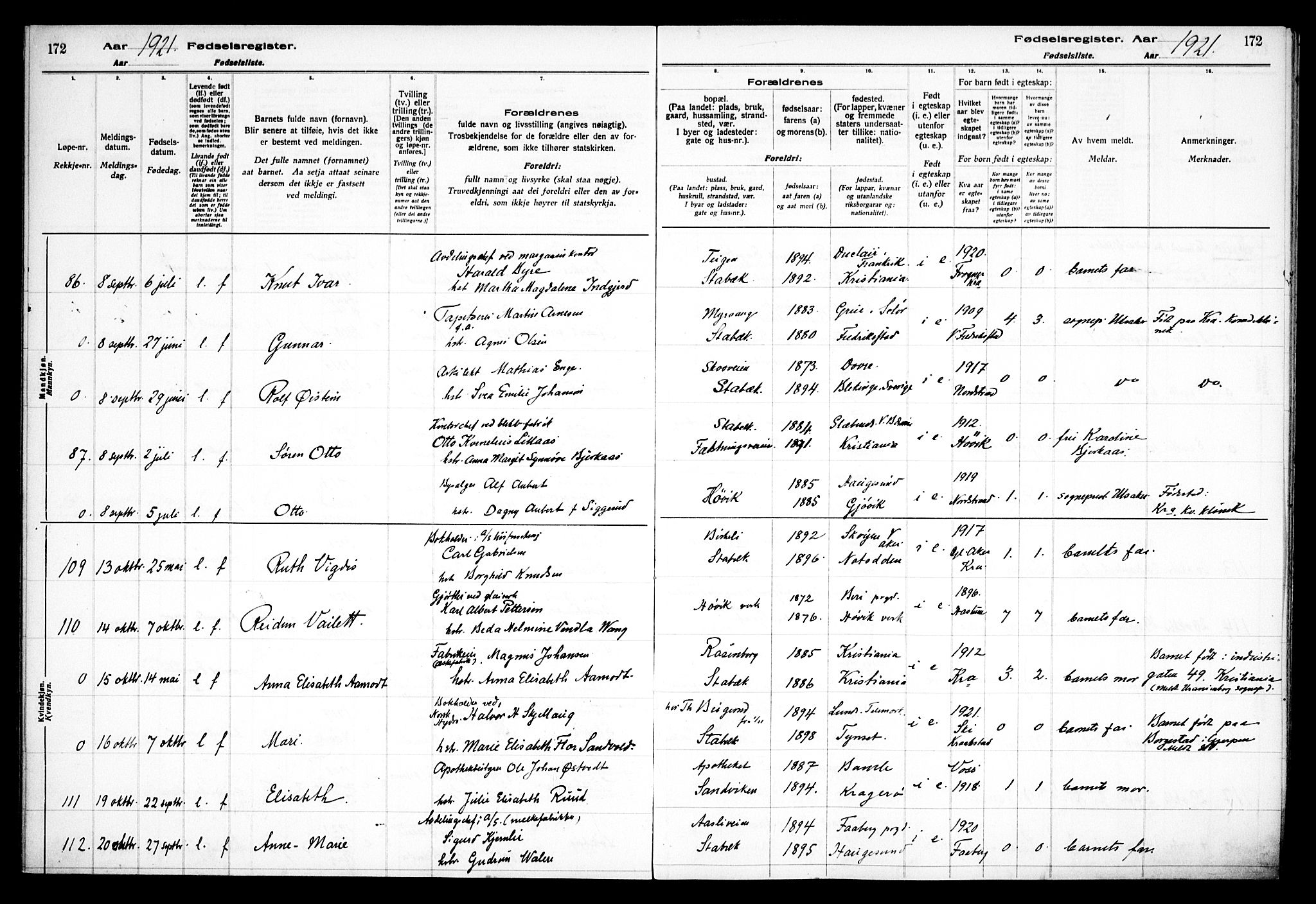 Østre Bærum prestekontor Kirkebøker, AV/SAO-A-10887/J/Ja/L0001: Birth register no. 1, 1916-1922, p. 172