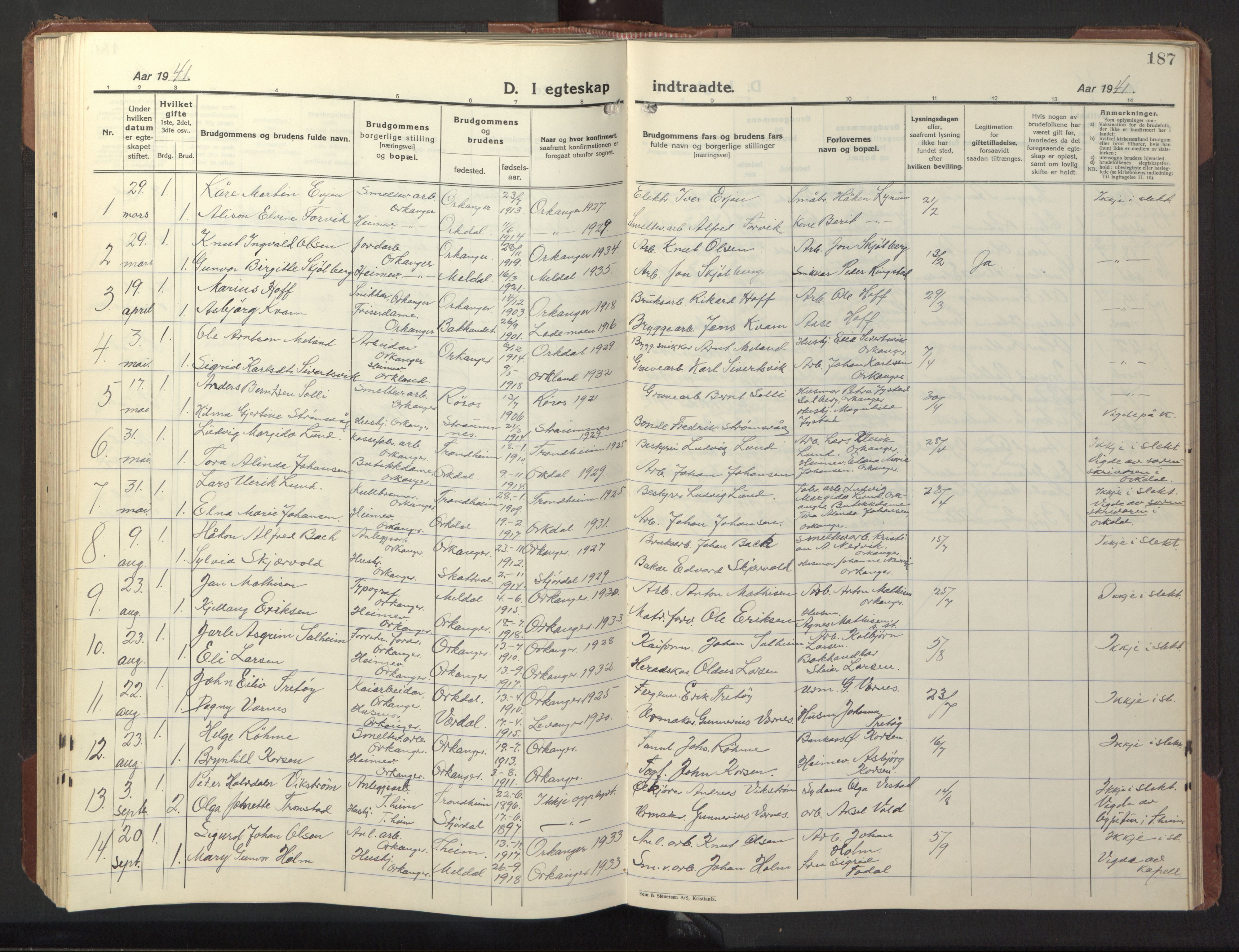 Ministerialprotokoller, klokkerbøker og fødselsregistre - Sør-Trøndelag, SAT/A-1456/669/L0832: Parish register (copy) no. 669C02, 1925-1953, p. 187