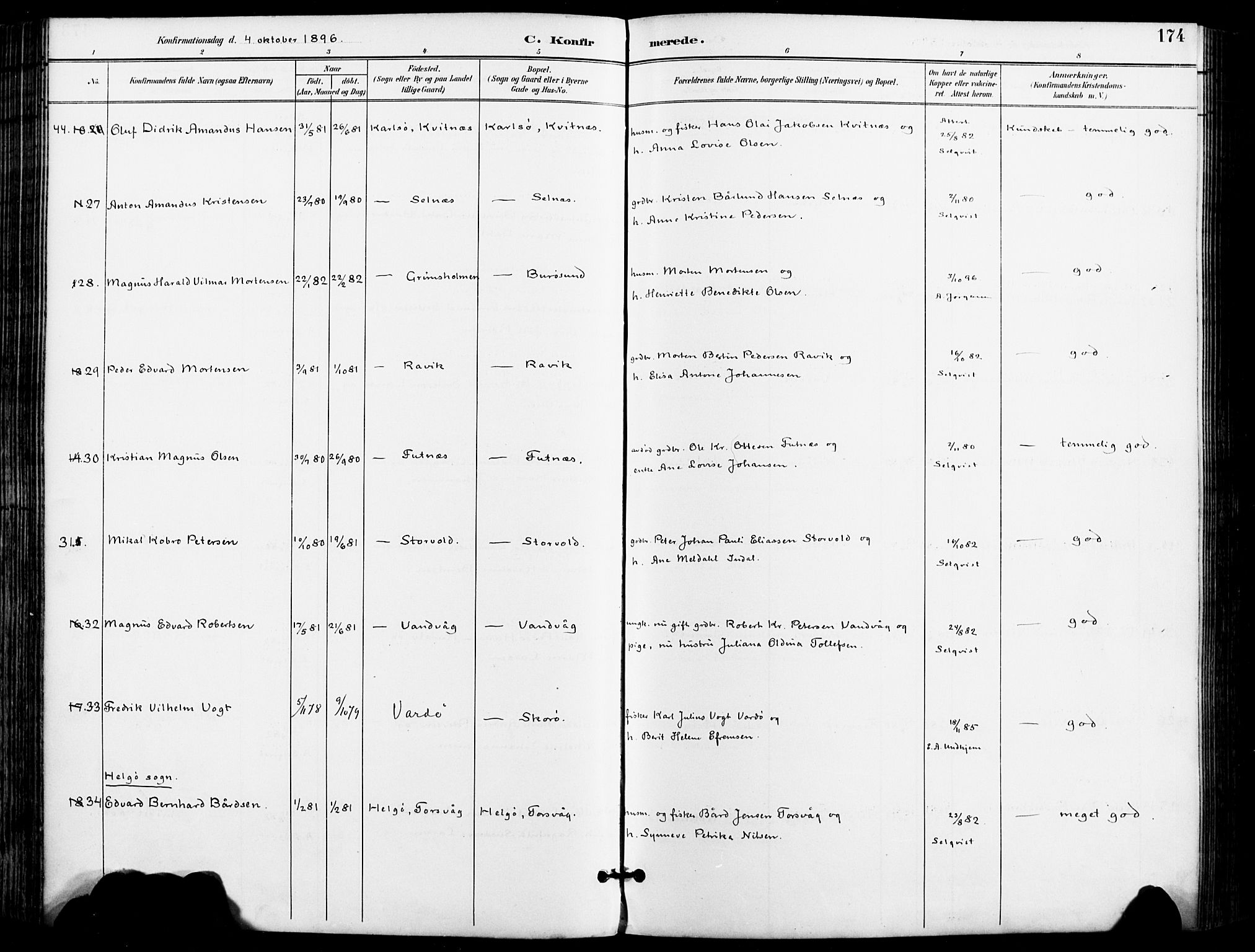 Karlsøy sokneprestembete, AV/SATØ-S-1299/H/Ha/Haa/L0007kirke: Parish register (official) no. 7, 1891-1902, p. 174