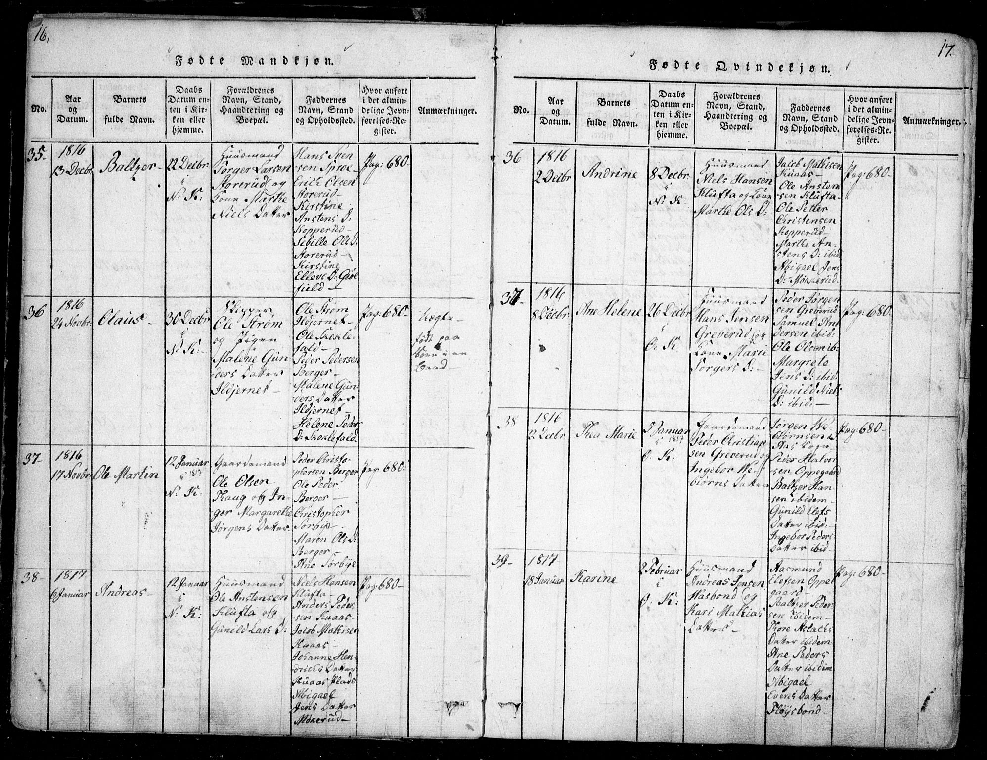 Nesodden prestekontor Kirkebøker, SAO/A-10013/F/Fa/L0006: Parish register (official) no. I 6, 1814-1847, p. 16-17
