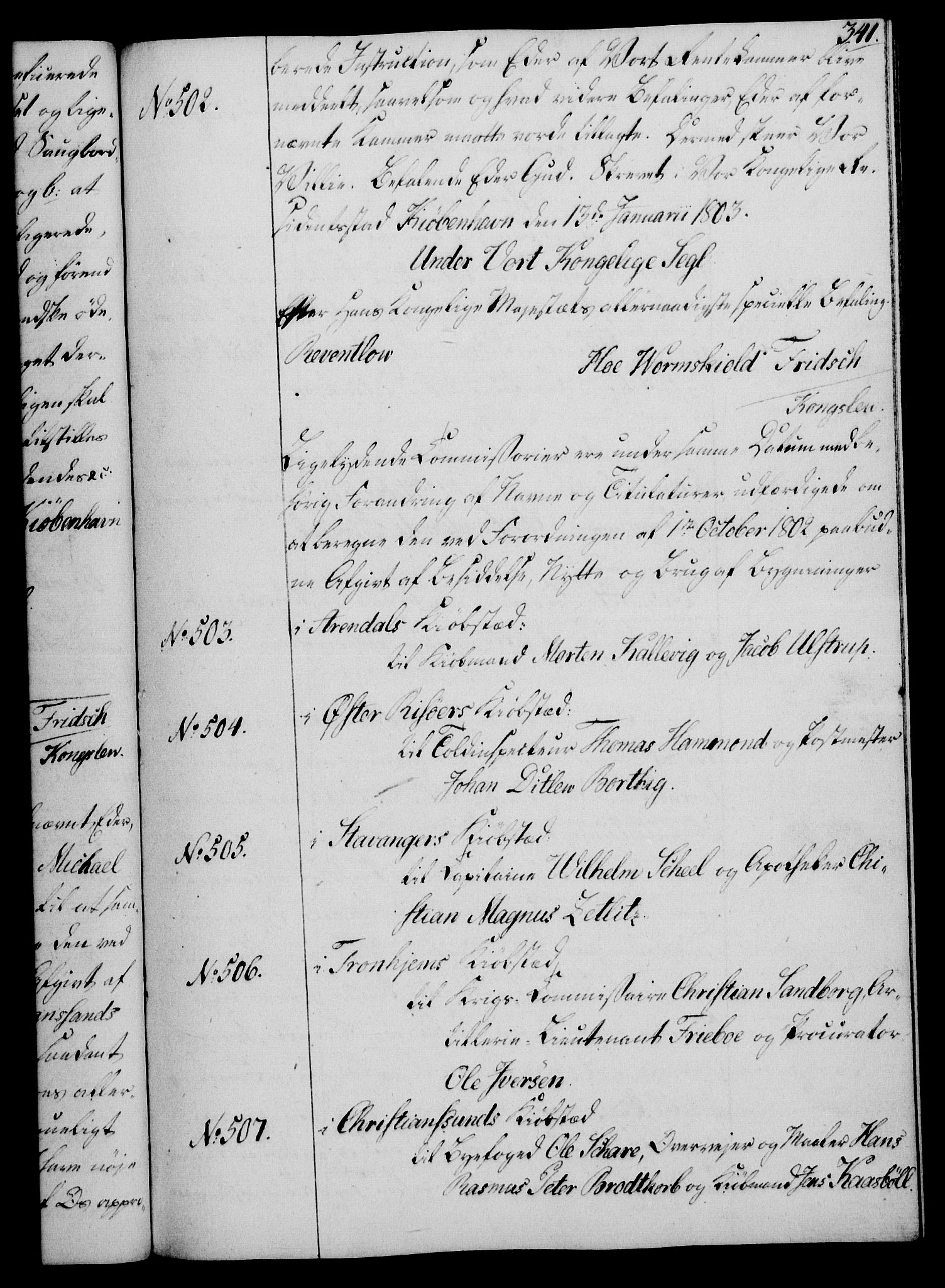 Rentekammeret, Kammerkanselliet, AV/RA-EA-3111/G/Gg/Gga/L0017: Norsk ekspedisjonsprotokoll med register (merket RK 53.17), 1801-1803, p. 341