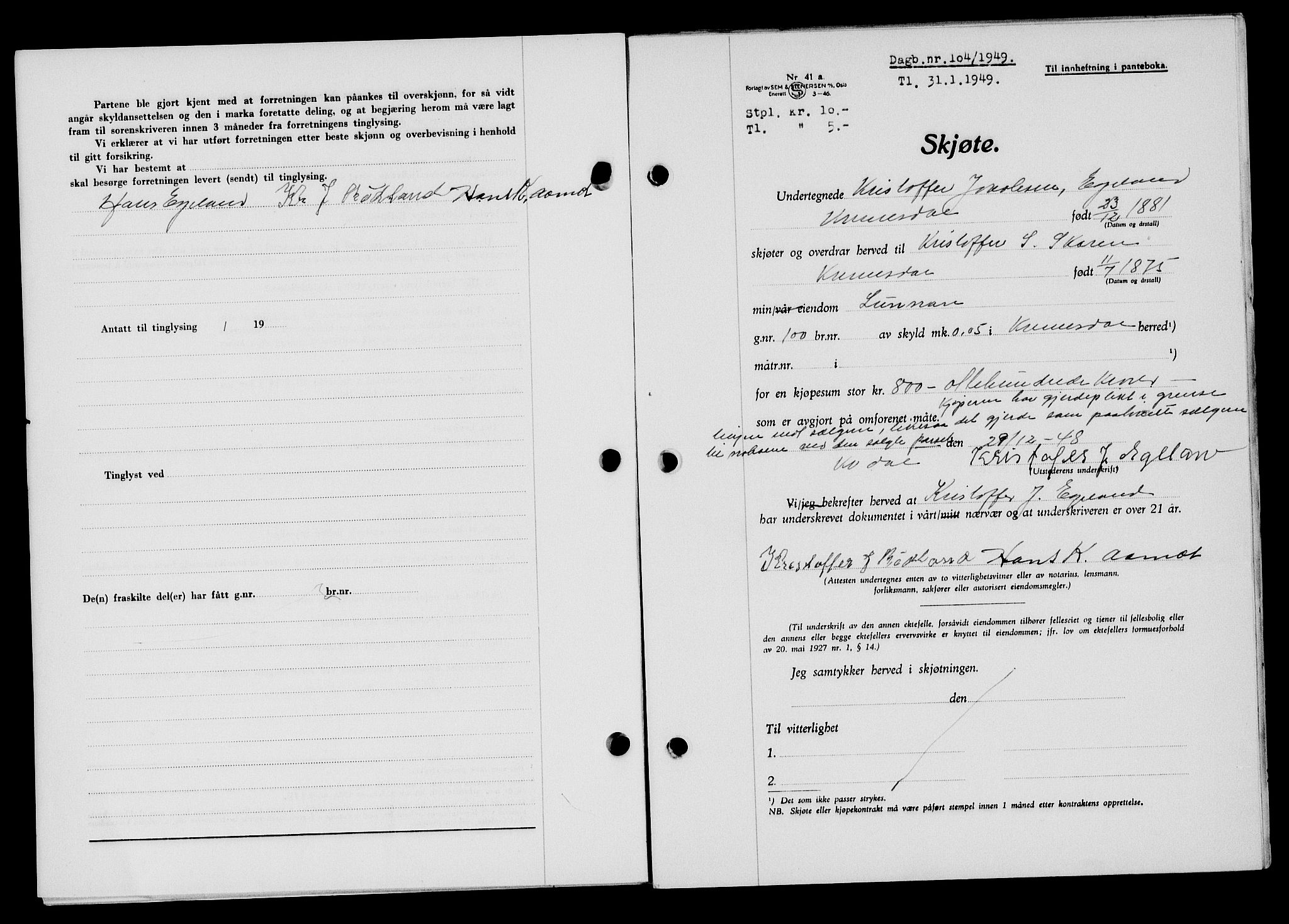 Flekkefjord sorenskriveri, SAK/1221-0001/G/Gb/Gba/L0064: Mortgage book no. A-12, 1948-1949, Diary no: : 104/1949