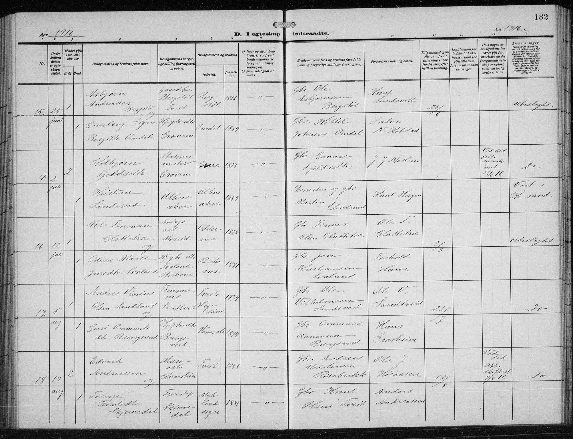 Vennesla sokneprestkontor, AV/SAK-1111-0045/Fb/Fbb/L0006: Parish register (copy) no. B 6, 1914-1921, p. 182