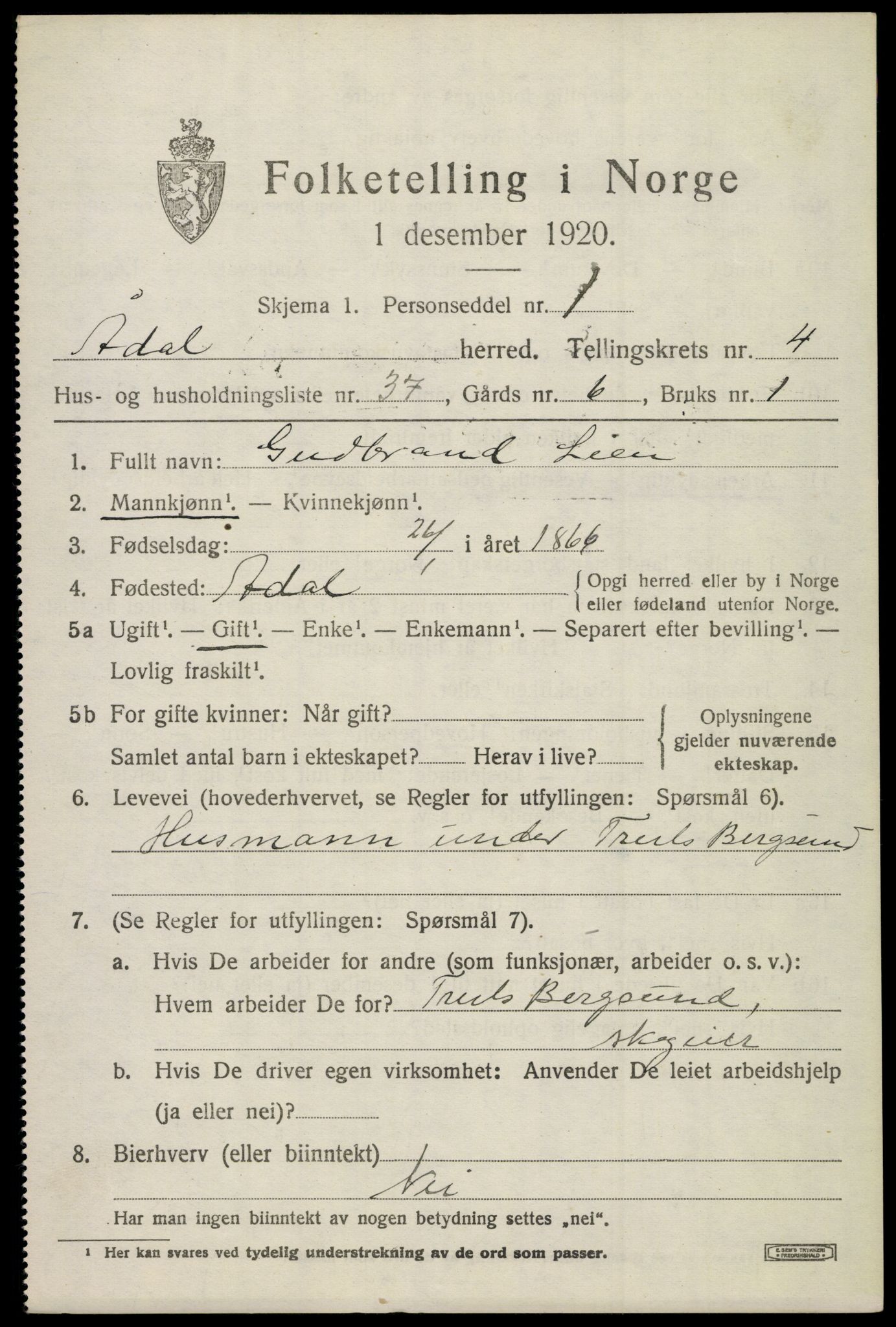 SAKO, 1920 census for Ådal, 1920, p. 4056