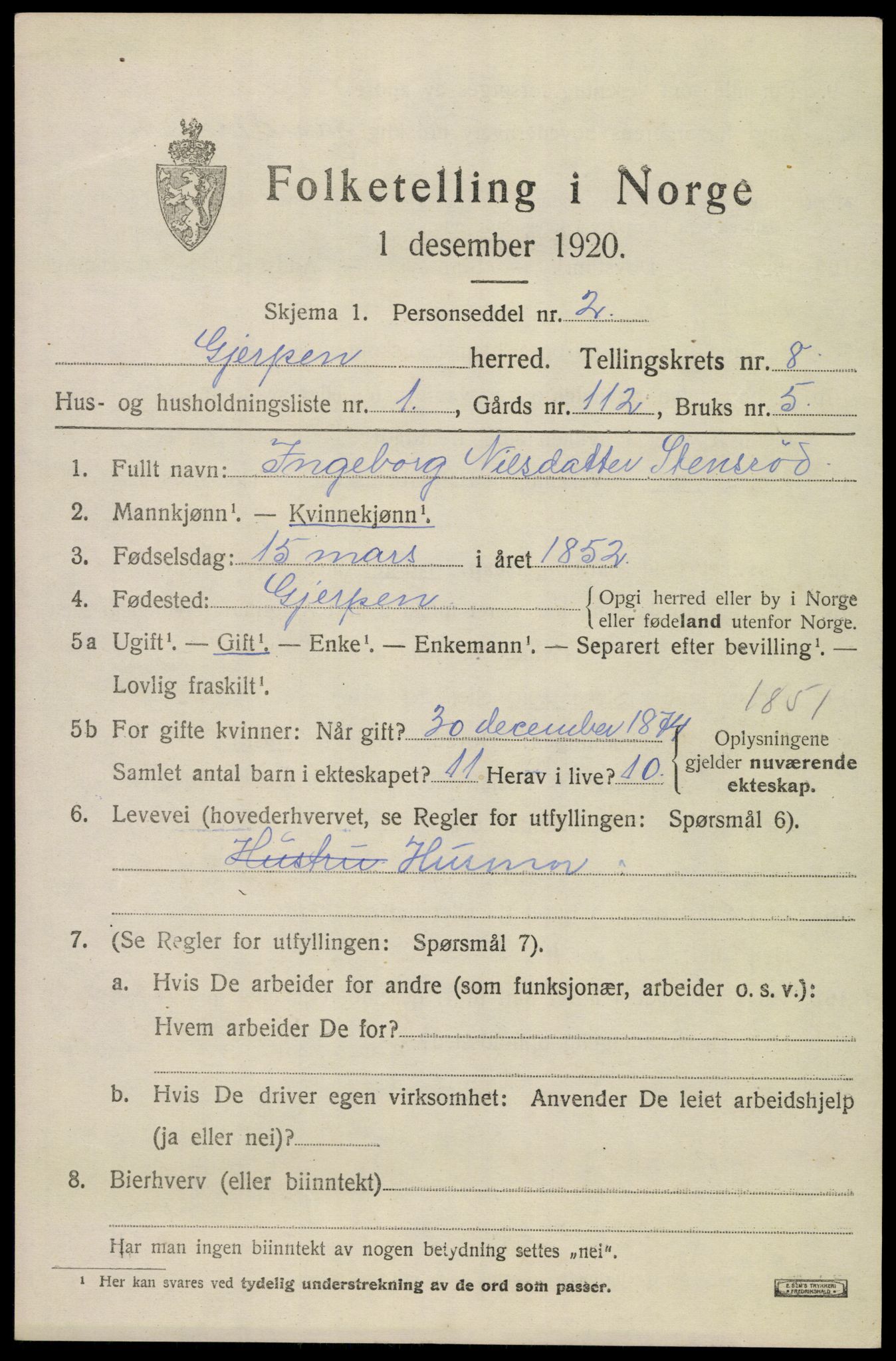 SAKO, 1920 census for Gjerpen, 1920, p. 9534