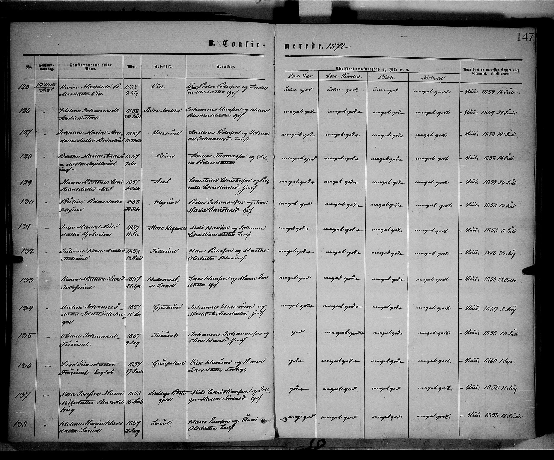 Vestre Toten prestekontor, AV/SAH-PREST-108/H/Ha/Haa/L0008: Parish register (official) no. 8, 1870-1877, p. 147