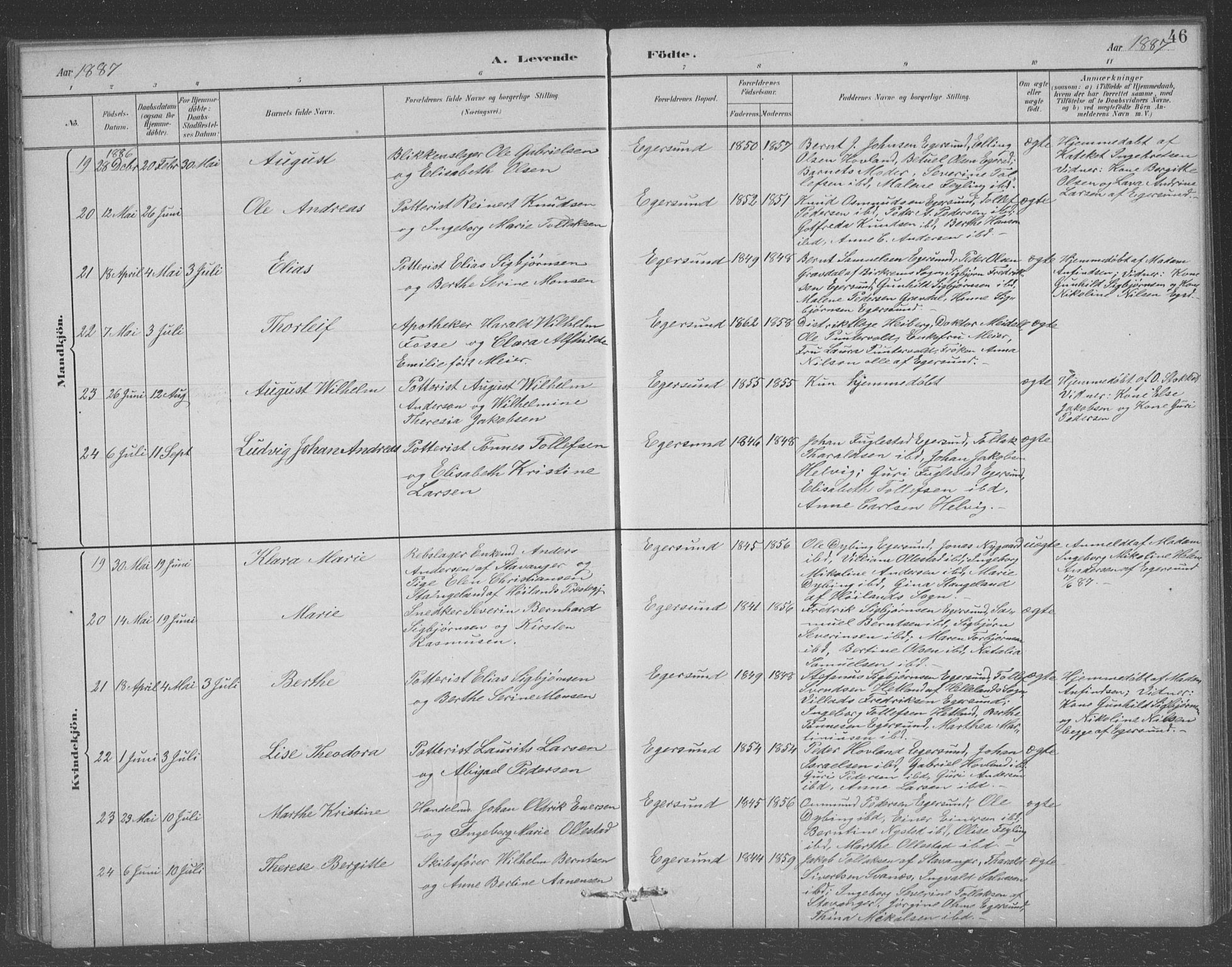 Eigersund sokneprestkontor, AV/SAST-A-101807/S09/L0008: Parish register (copy) no. B 8, 1882-1892, p. 46