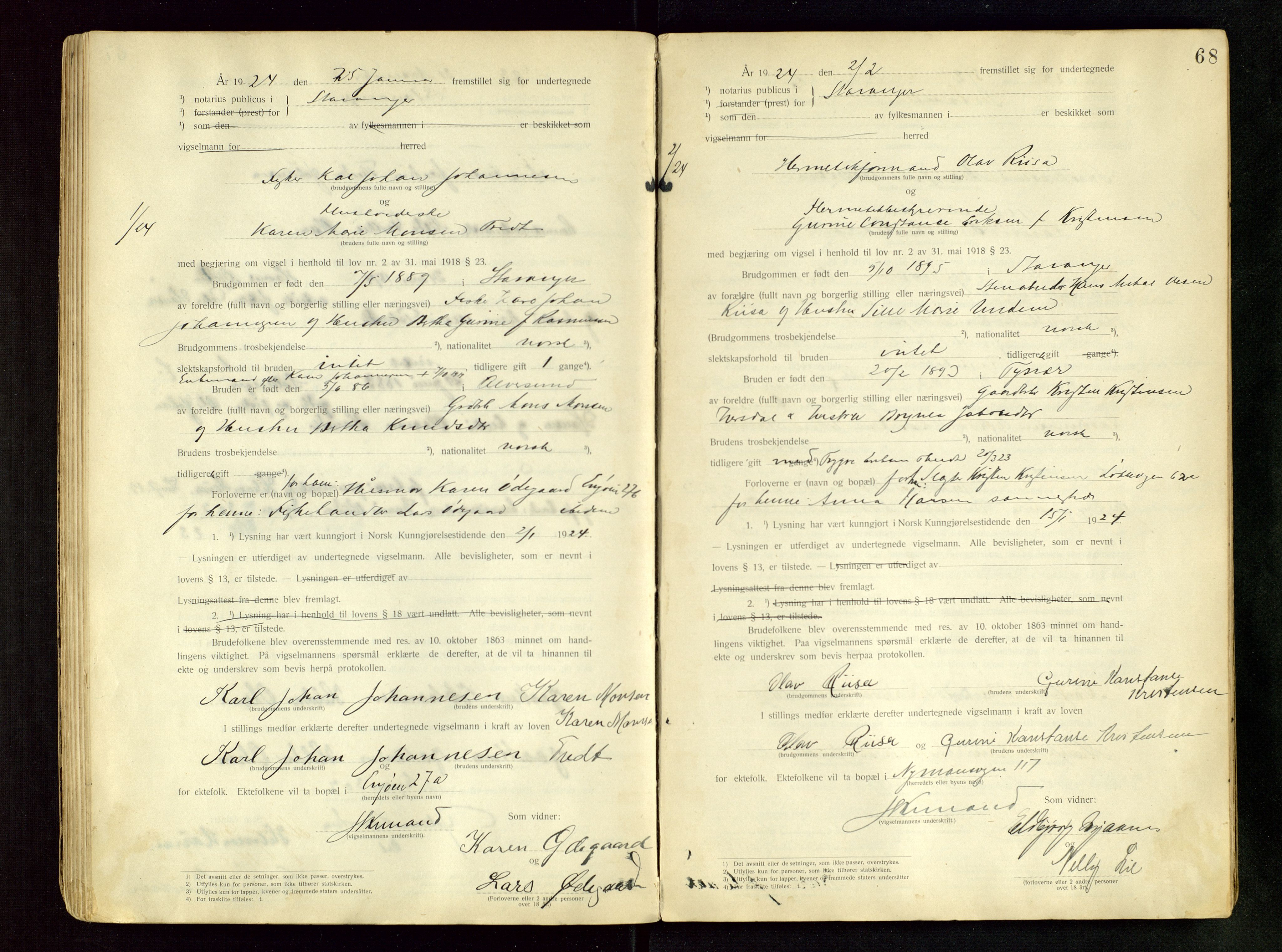 Stavanger byfogd, AV/SAST-A-101408/001/6/62/62BB/L0001: Vigselsprotokoll, 1920-1926, p. 68