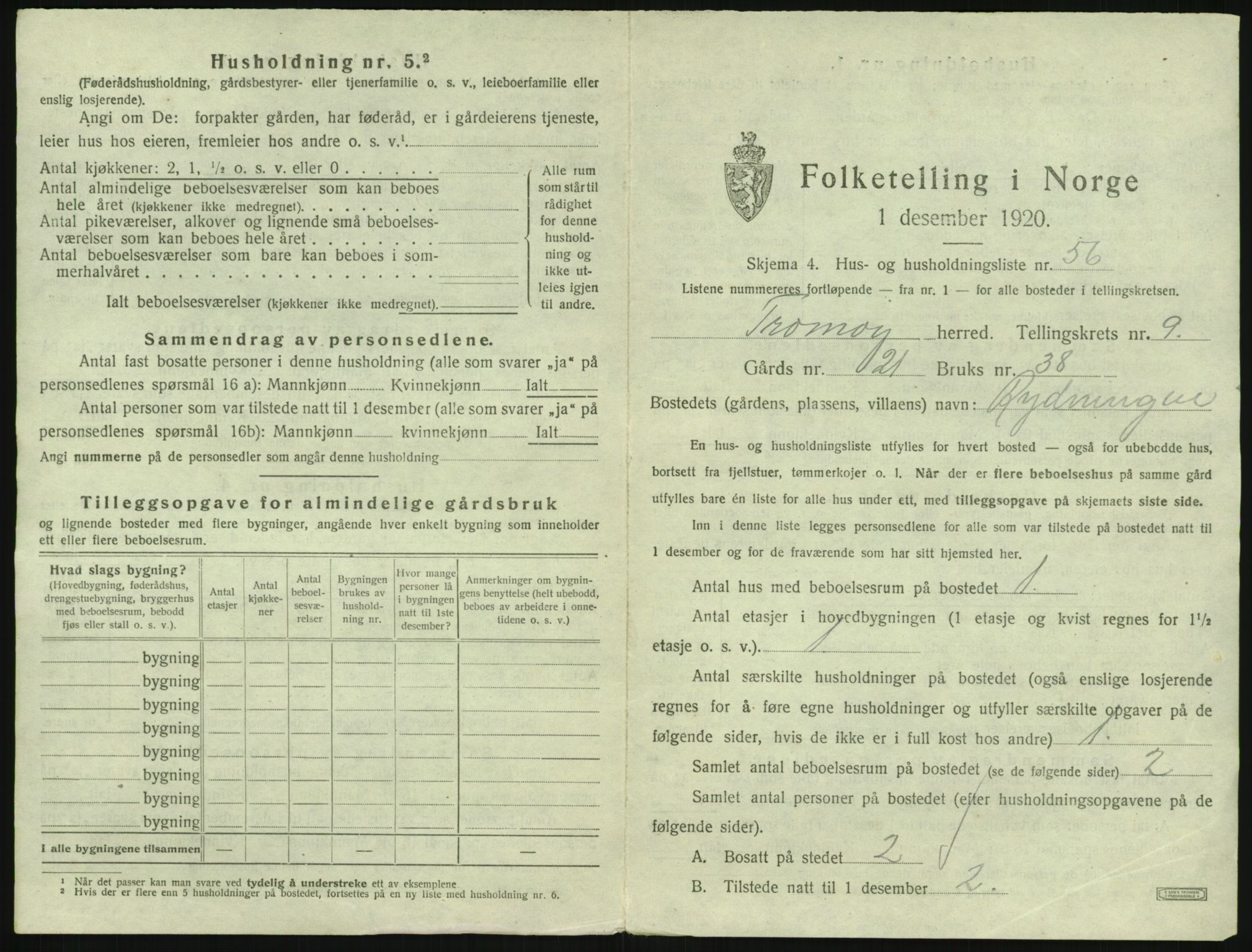 SAK, 1920 census for Tromøy, 1920, p. 1069