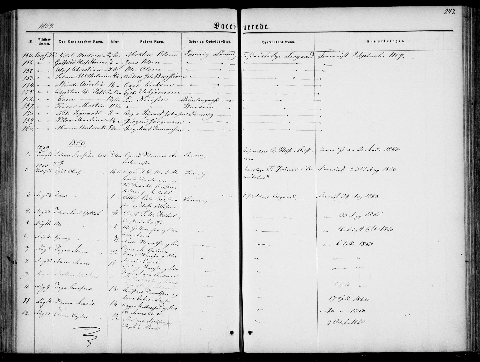 Larvik kirkebøker, SAKO/A-352/F/Fa/L0005: Parish register (official) no. I 5, 1856-1870, p. 242