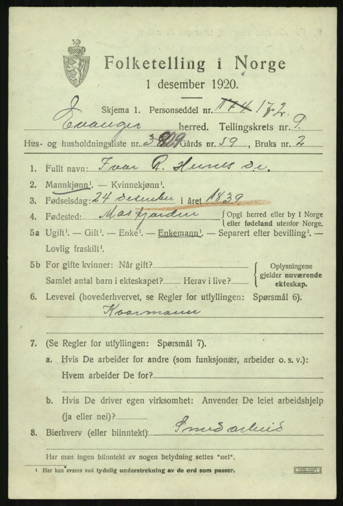 SAB, 1920 census for Evanger, 1920, p. 3019