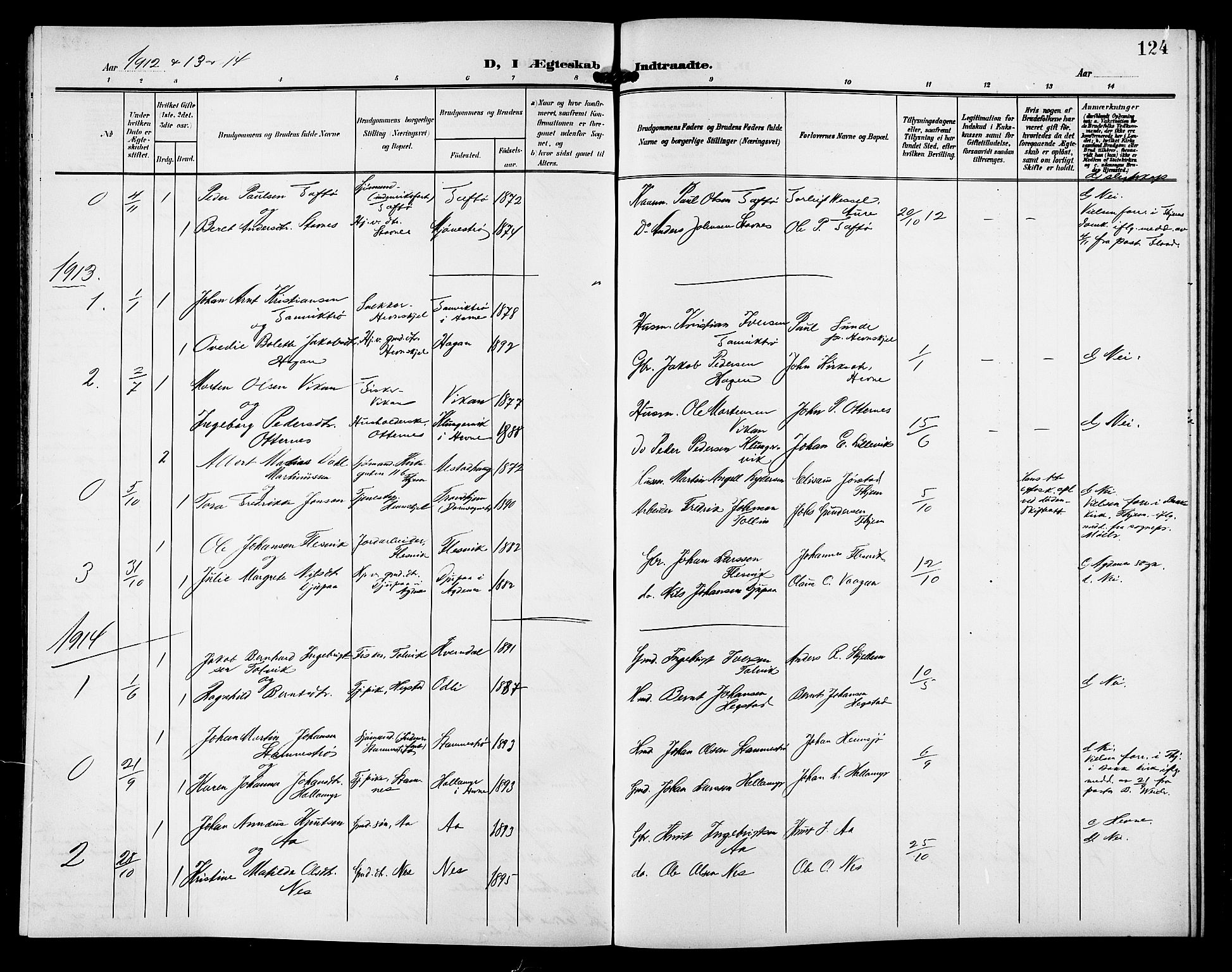 Ministerialprotokoller, klokkerbøker og fødselsregistre - Sør-Trøndelag, SAT/A-1456/633/L0520: Parish register (copy) no. 633C02, 1906-1921, p. 124