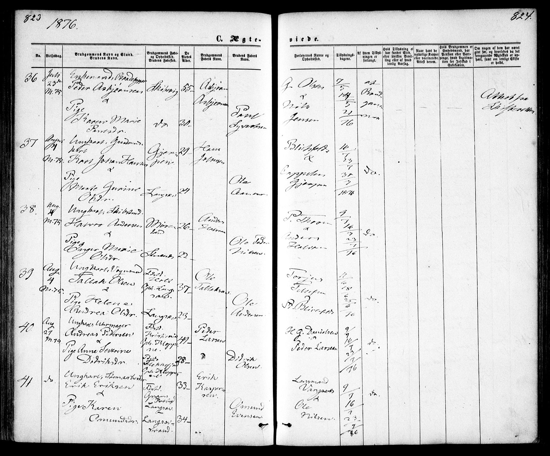 Tromøy sokneprestkontor, AV/SAK-1111-0041/F/Fa/L0008: Parish register (official) no. A 8, 1870-1877, p. 823-824