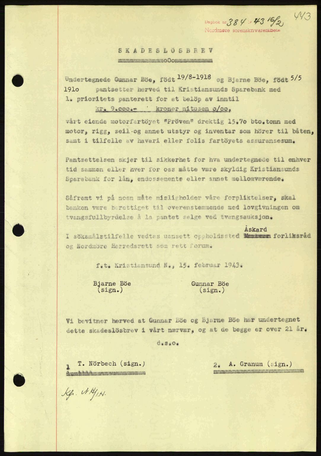 Nordmøre sorenskriveri, AV/SAT-A-4132/1/2/2Ca: Mortgage book no. B90, 1942-1943, Diary no: : 384/1943