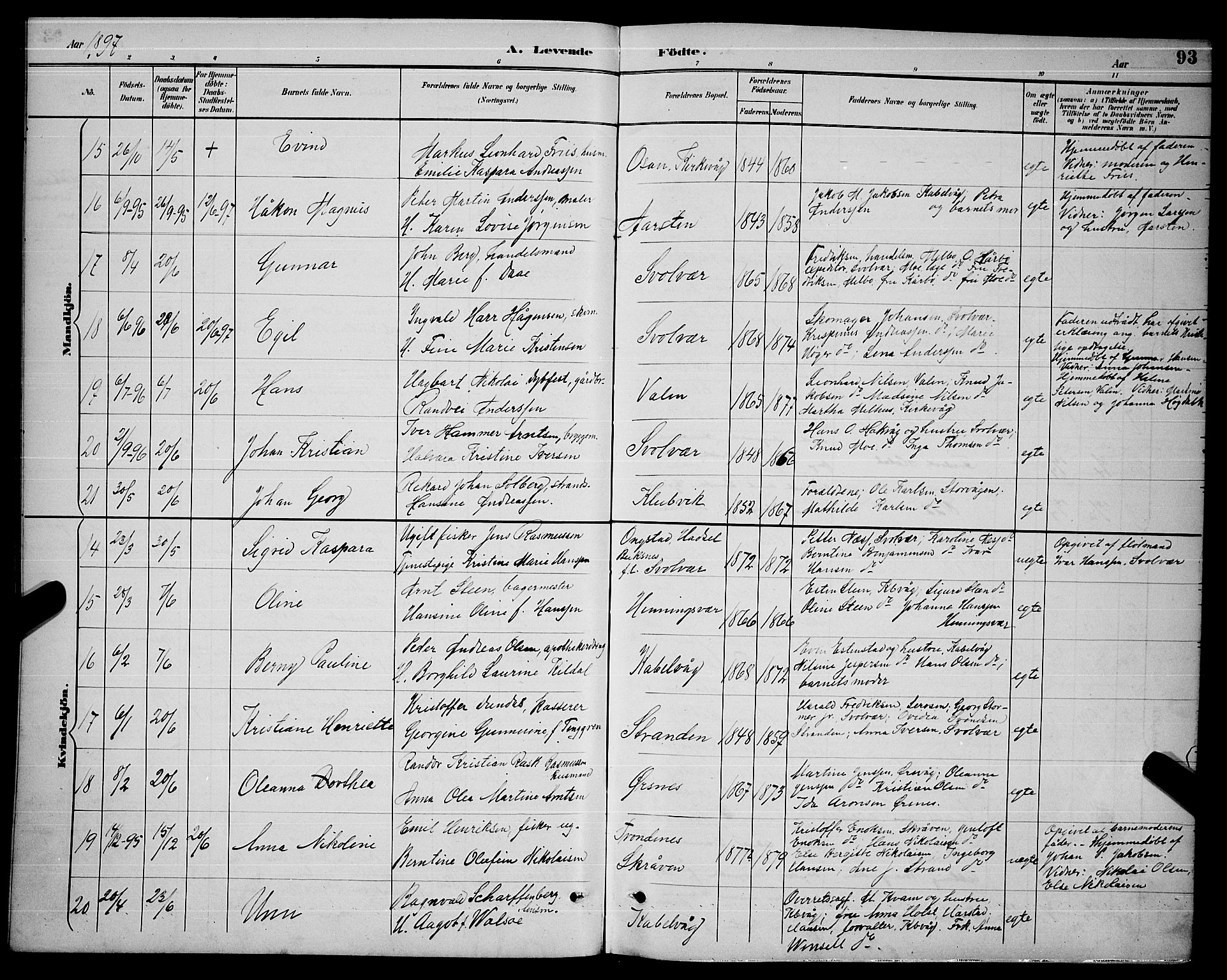 Ministerialprotokoller, klokkerbøker og fødselsregistre - Nordland, SAT/A-1459/874/L1077: Parish register (copy) no. 874C06, 1891-1900, p. 93