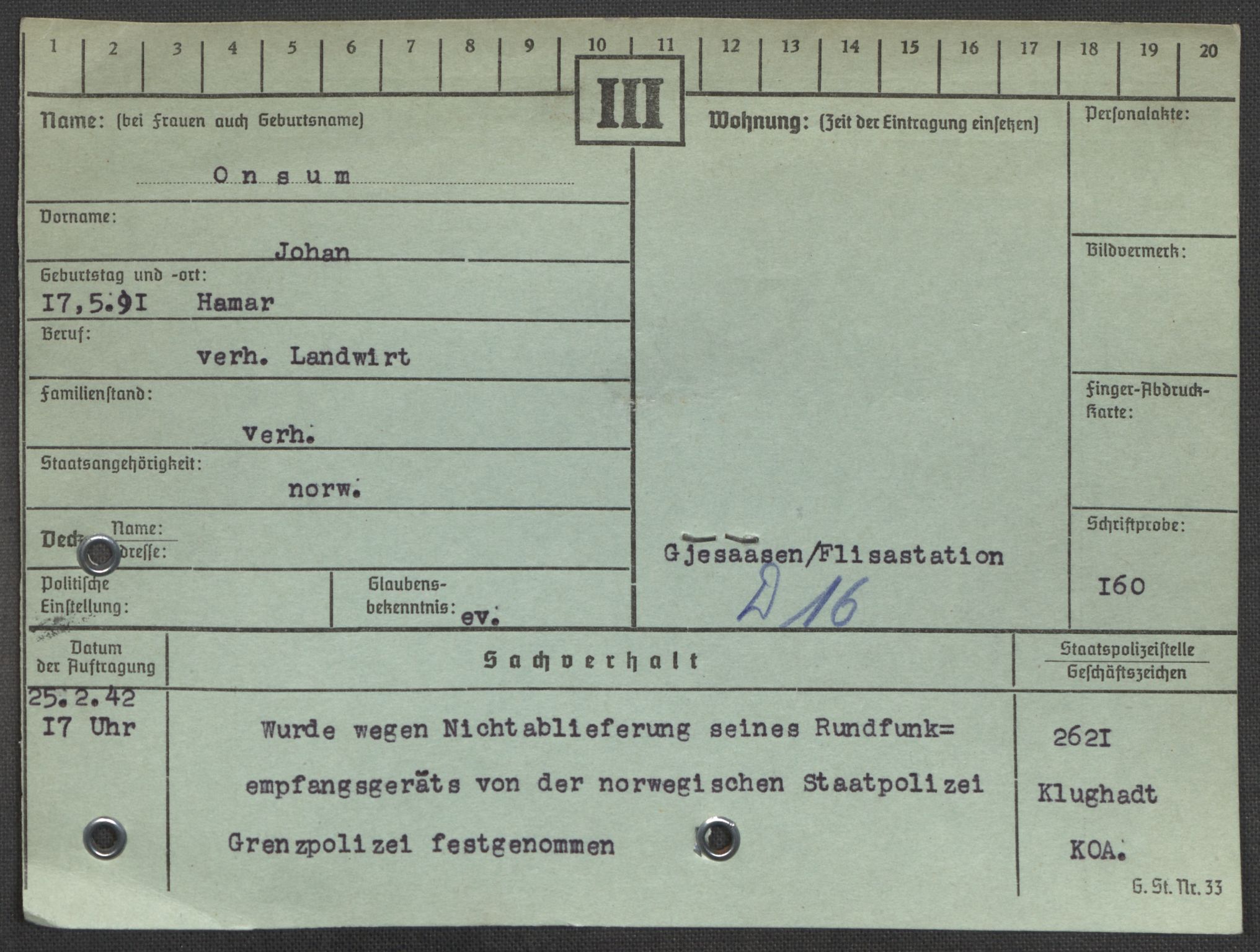 Befehlshaber der Sicherheitspolizei und des SD, RA/RAFA-5969/E/Ea/Eaa/L0008: Register over norske fanger i Møllergata 19: Oelze-Ru, 1940-1945, p. 456