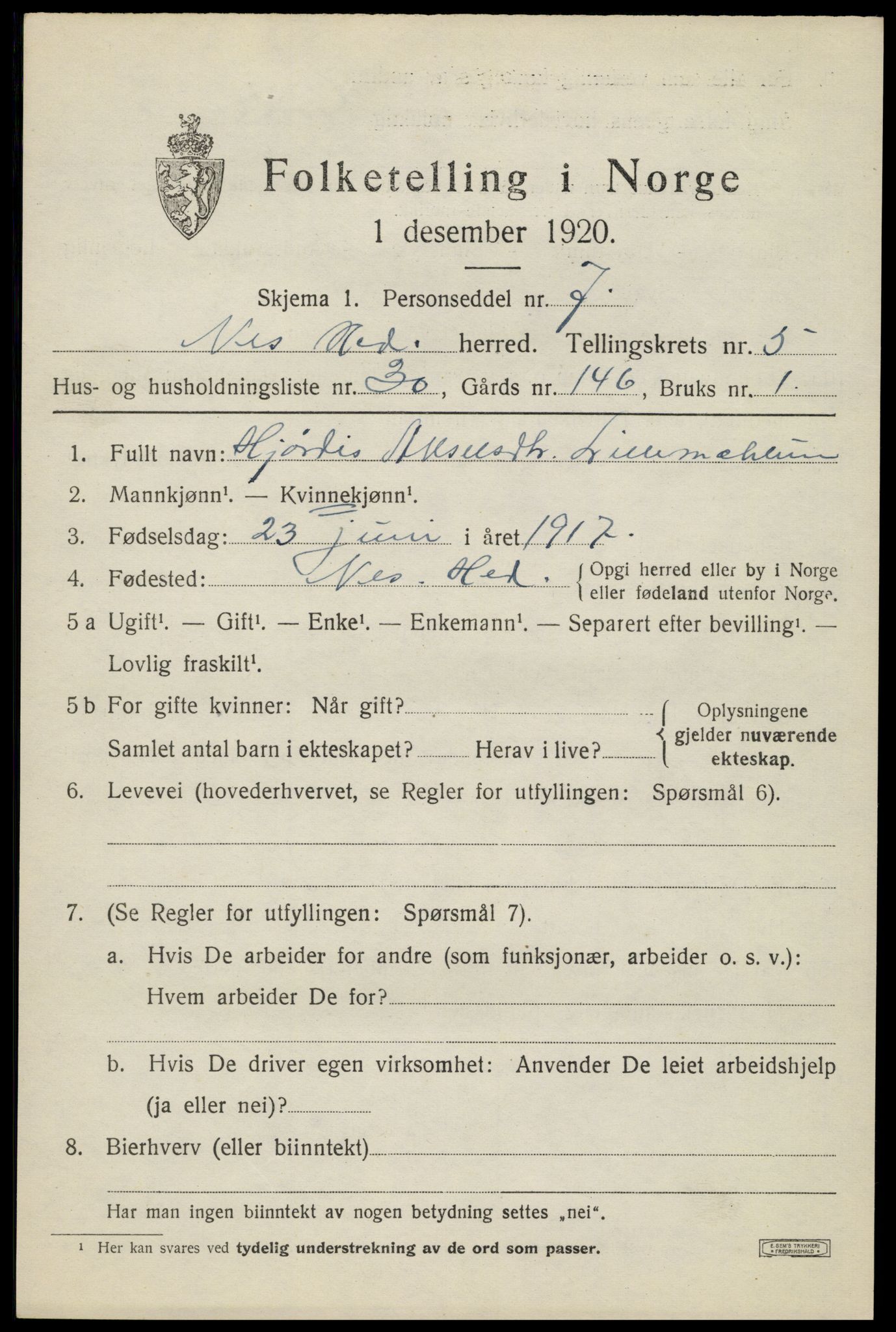 SAH, 1920 census for Nes (Hedmark), 1920, p. 7346