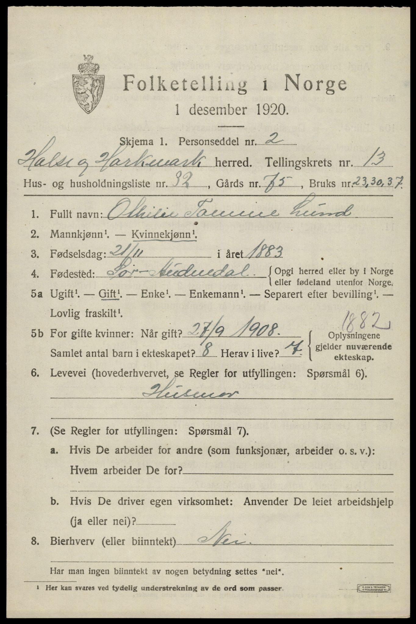 SAK, 1920 census for Halse og Harkmark, 1920, p. 7291