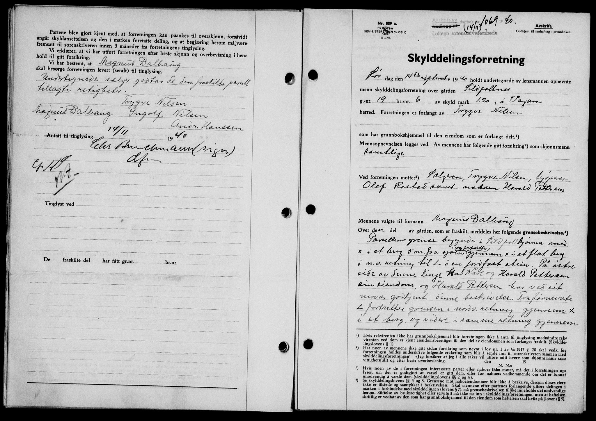 Lofoten sorenskriveri, SAT/A-0017/1/2/2C/L0008a: Mortgage book no. 8a, 1940-1941, Diary no: : 1069/1940