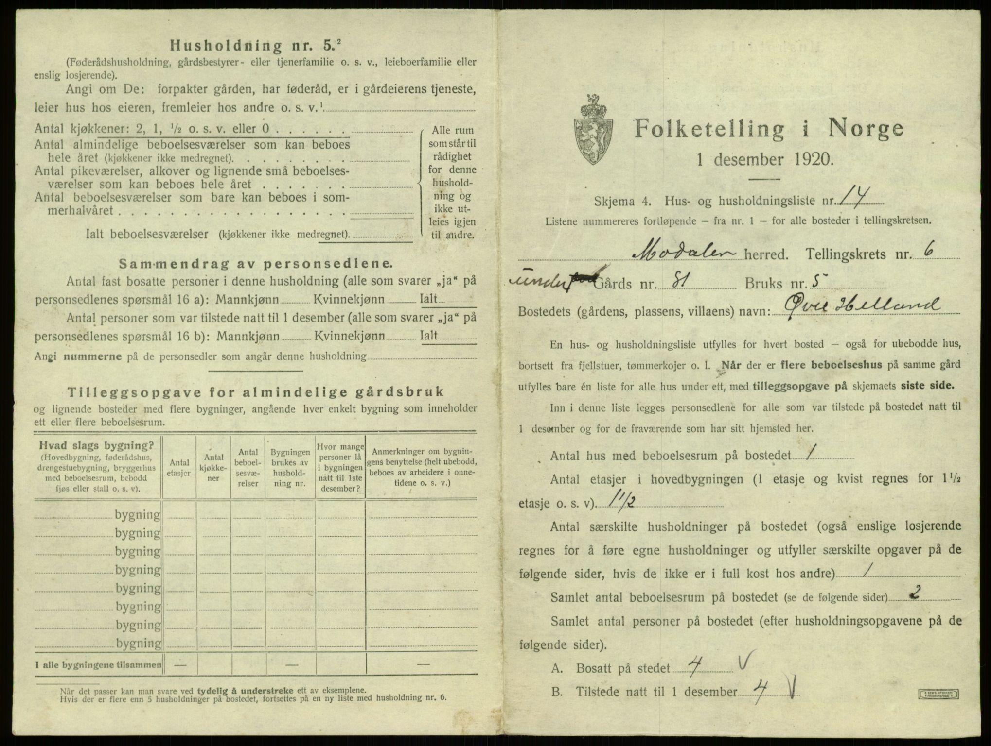SAB, 1920 census for Modalen, 1920, p. 194