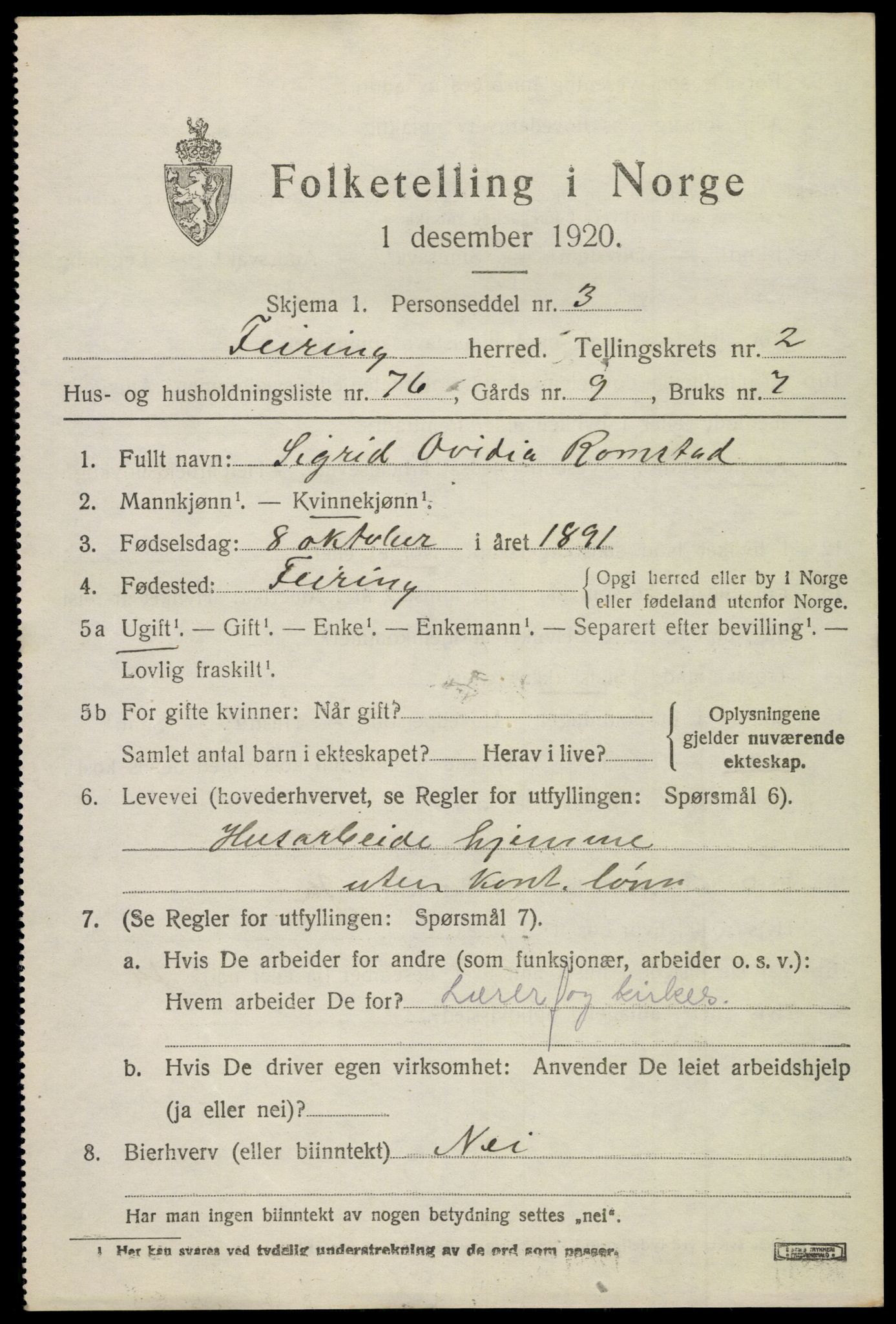 SAO, 1920 census for Feiring, 1920, p. 1626