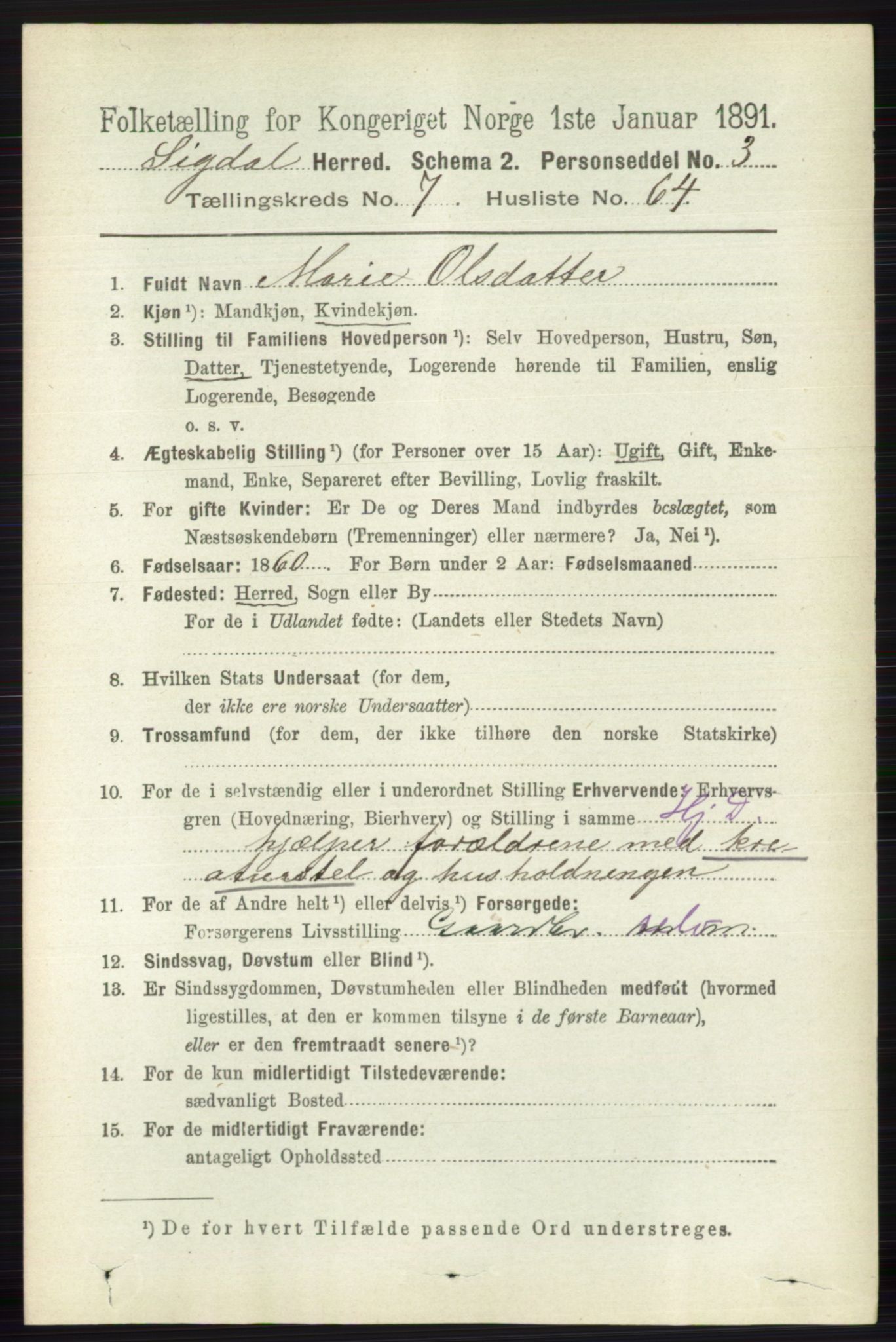 RA, 1891 census for 0621 Sigdal, 1891, p. 3087