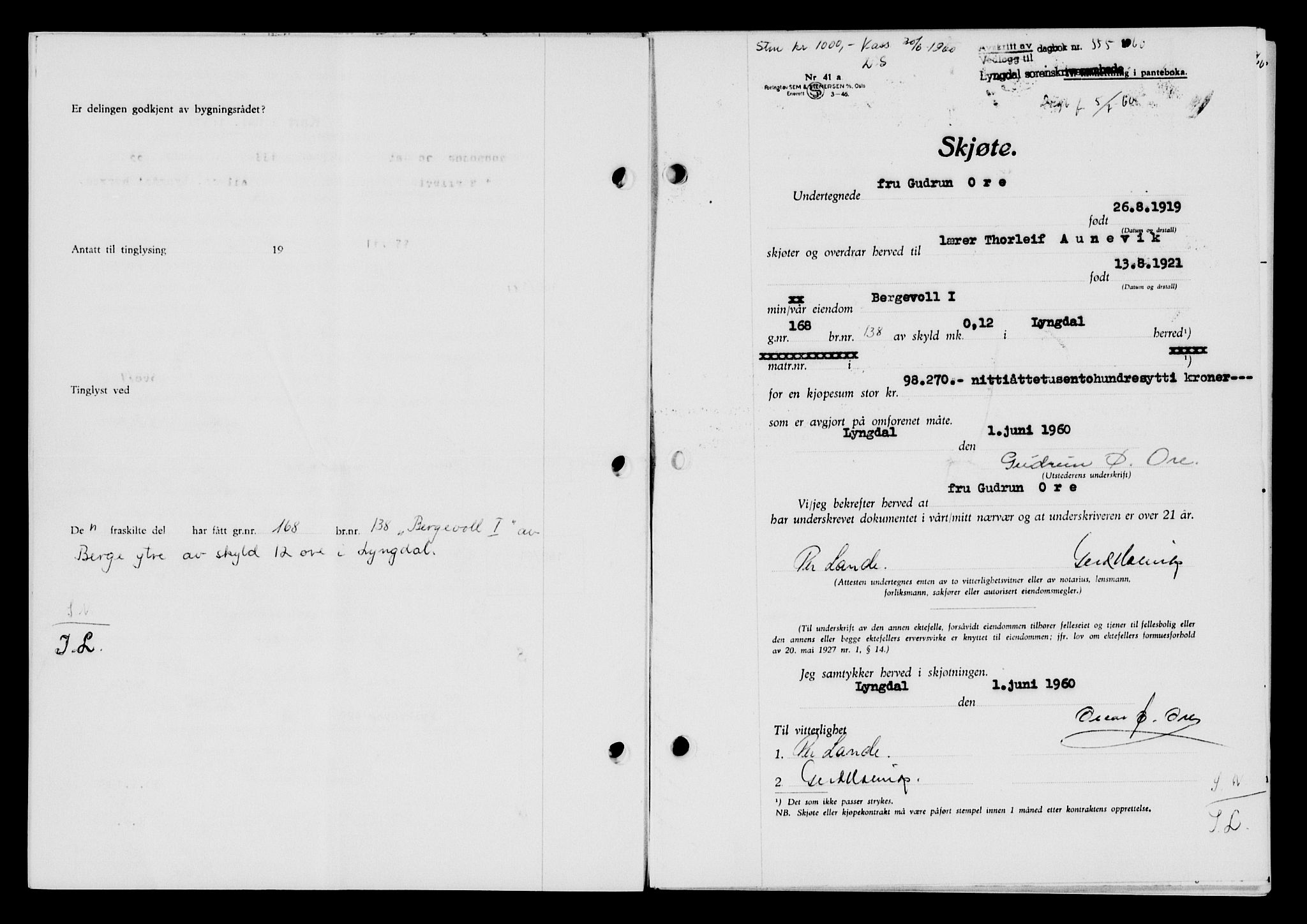 Lyngdal sorenskriveri, AV/SAK-1221-0004/G/Gb/L0680: Mortgage book no. A XXVI, 1960-1960, Diary no: : 555/1960