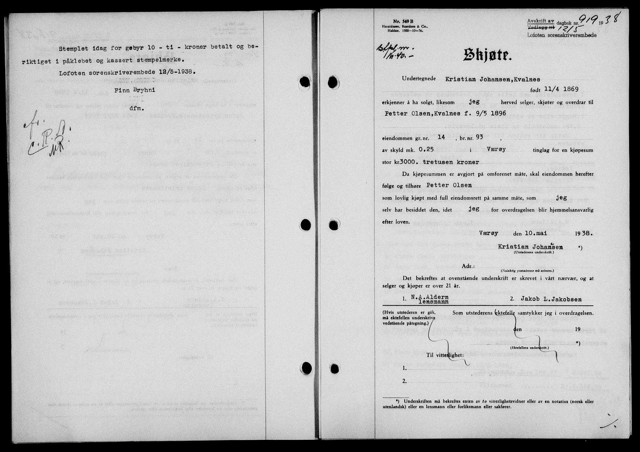 Lofoten sorenskriveri, SAT/A-0017/1/2/2C/L0004a: Mortgage book no. 4a, 1938-1938, Diary no: : 919/1938