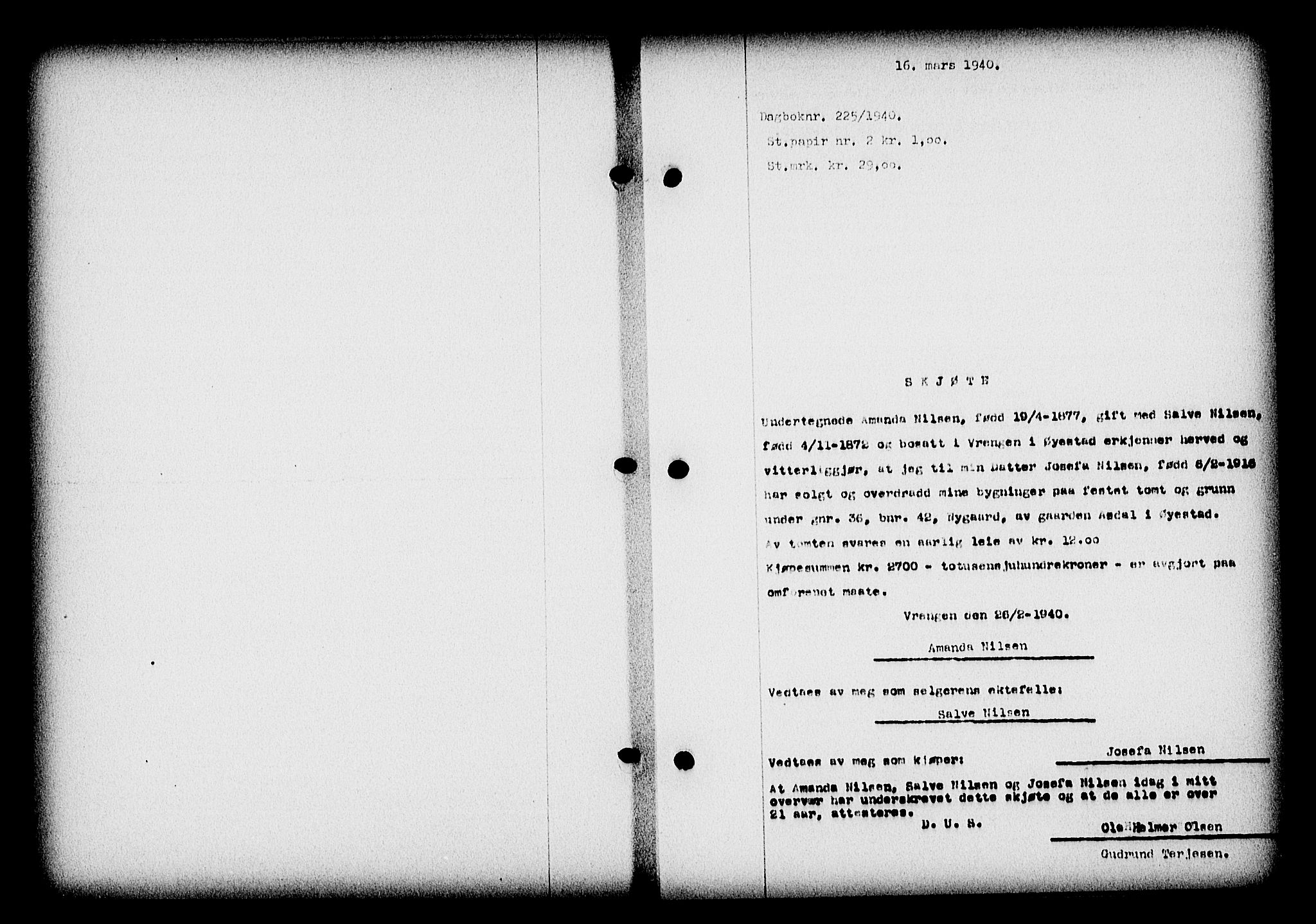 Nedenes sorenskriveri, SAK/1221-0006/G/Gb/Gba/L0047: Mortgage book no. A-I, 1939-1940, Diary no: : 225/1940