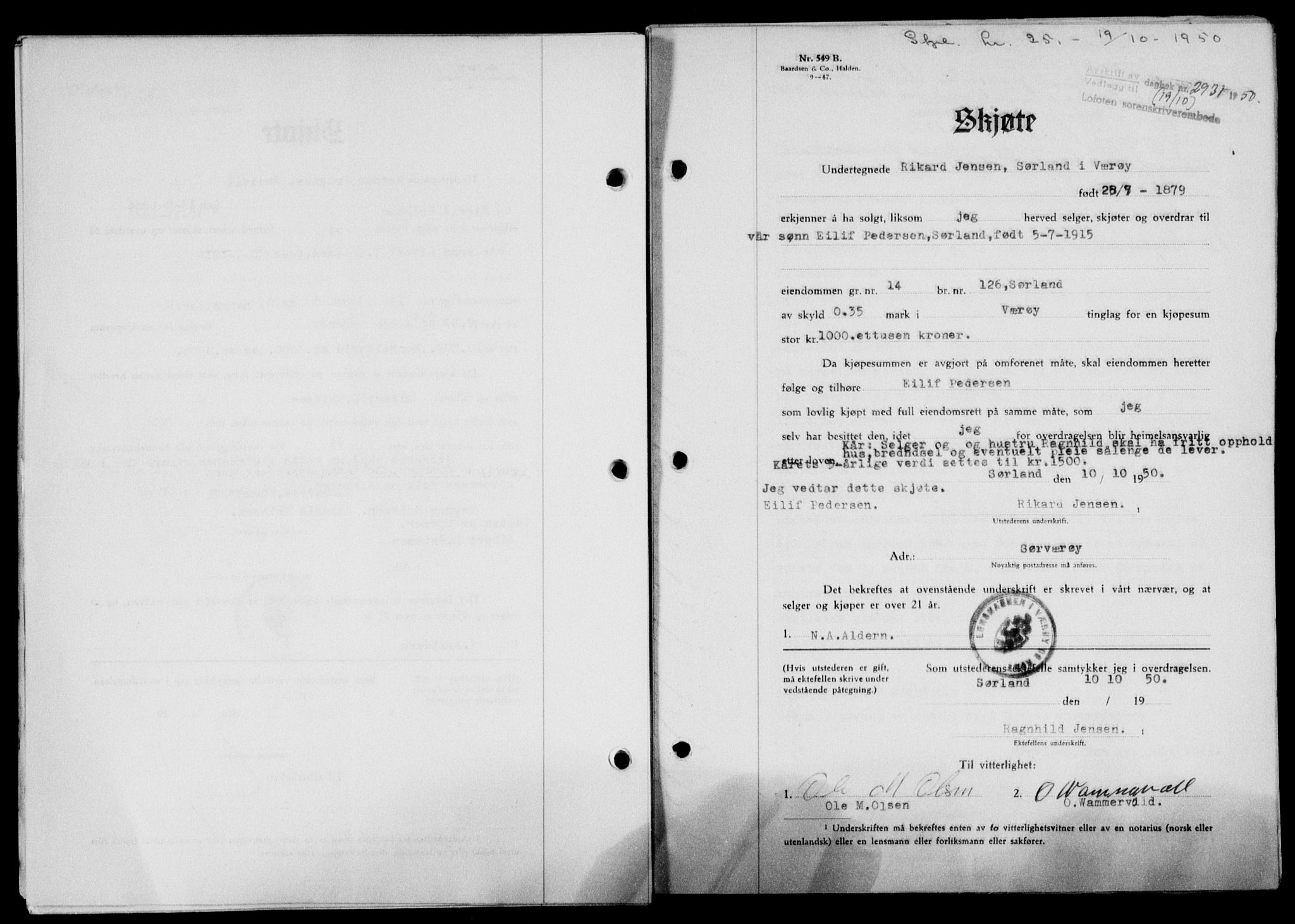 Lofoten sorenskriveri, SAT/A-0017/1/2/2C/L0024a: Mortgage book no. 24a, 1950-1950, Diary no: : 2931/1950