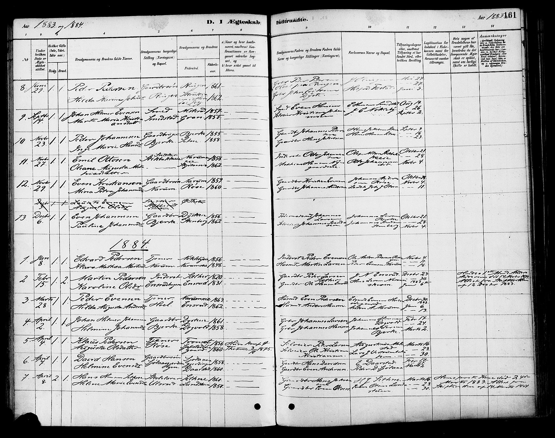 Vestre Toten prestekontor, SAH/PREST-108/H/Ha/Haa/L0010: Parish register (official) no. 10, 1878-1894, p. 161