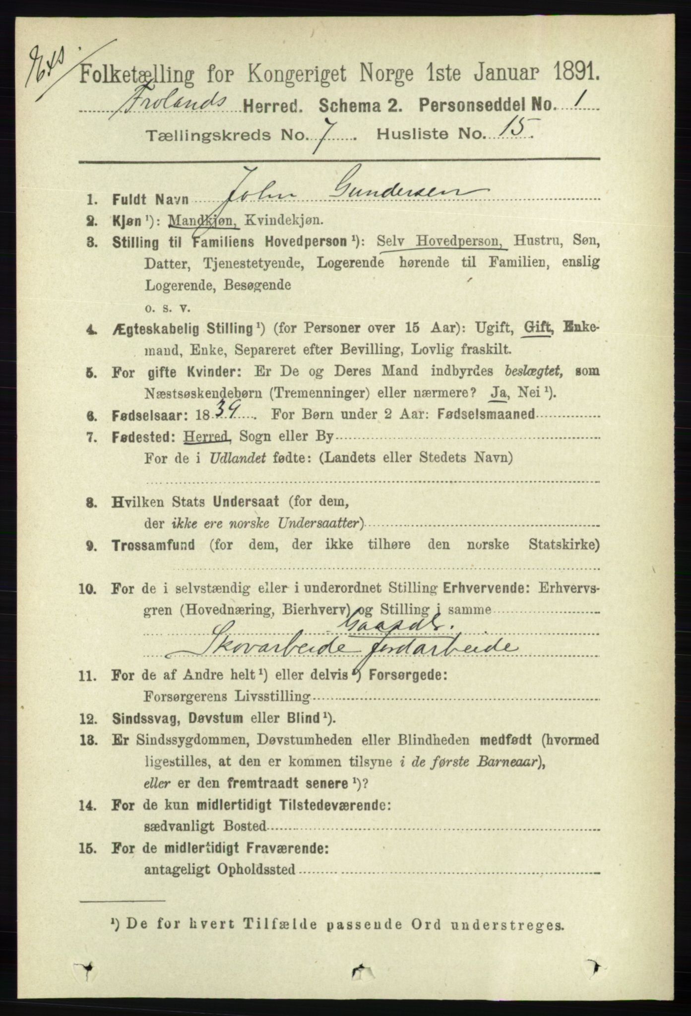 RA, Census 1891 for Nedenes amt: Gjenparter av personsedler for beslektede ektefeller, menn, 1891, p. 453