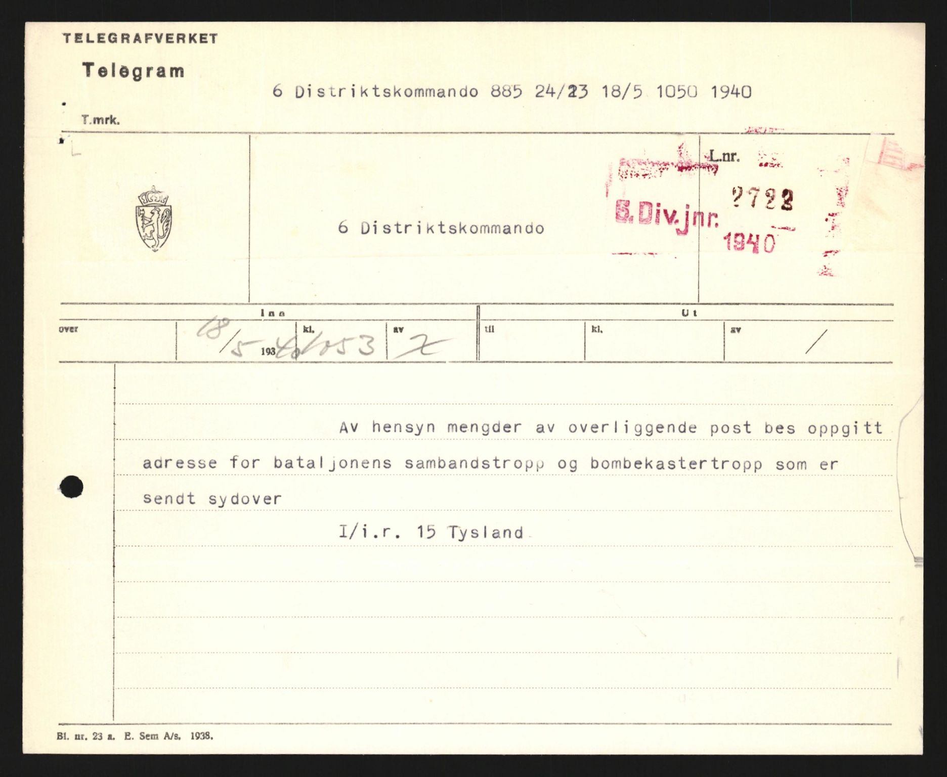 Forsvaret, Forsvarets krigshistoriske avdeling, AV/RA-RAFA-2017/Y/Yb/L0123: II-C-11-600  -  6. Divisjon med avdelinger, 1940, p. 704