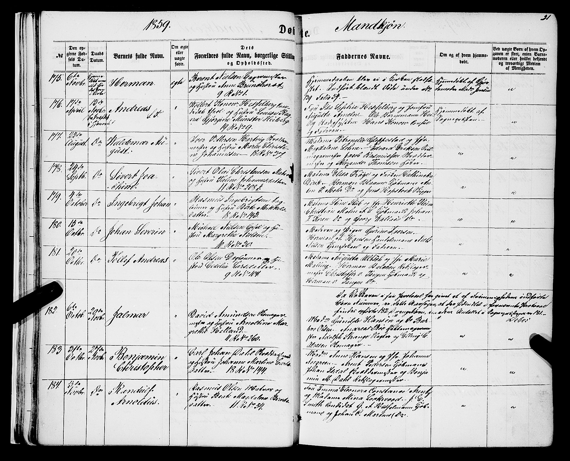 Domkirken sokneprestembete, SAB/A-74801/H/Haa/L0021: Parish register (official) no. B 4, 1859-1871, p. 21