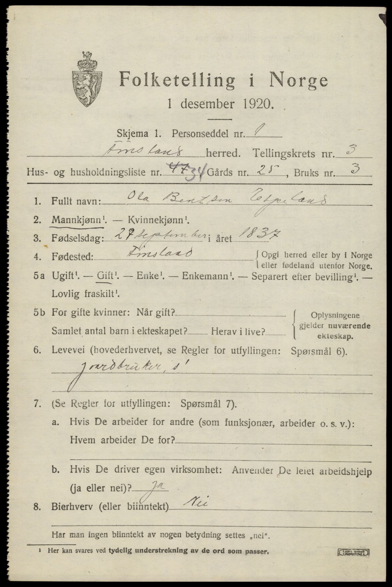 SAK, 1920 census for Finsland, 1920, p. 1576