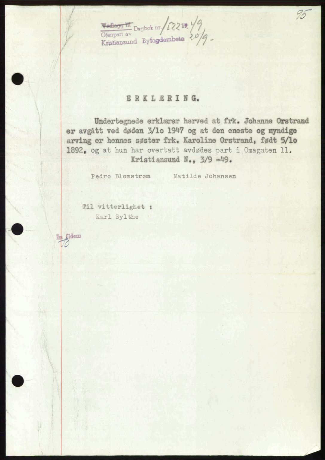 Kristiansund byfogd, AV/SAT-A-4587/A/27: Mortgage book no. 46, 1949-1950, Diary no: : 1522/1949