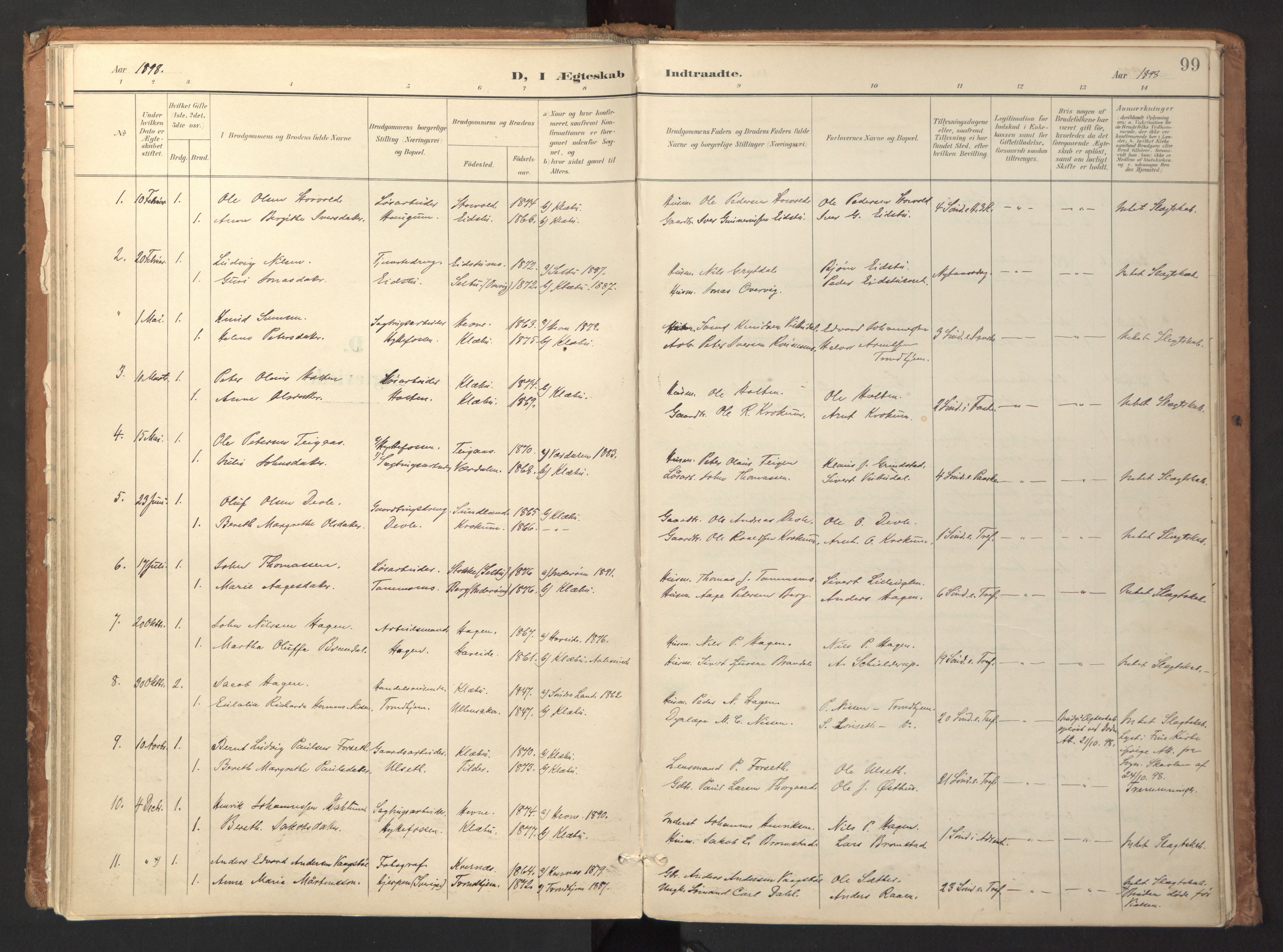 Ministerialprotokoller, klokkerbøker og fødselsregistre - Sør-Trøndelag, SAT/A-1456/618/L0448: Parish register (official) no. 618A11, 1898-1916, p. 99