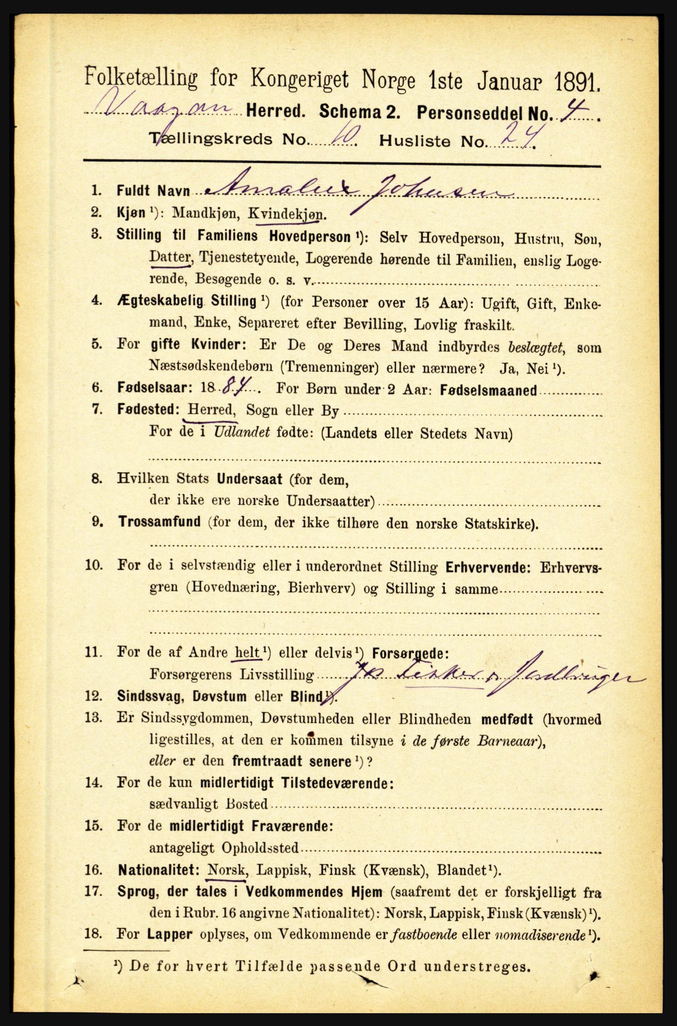 RA, 1891 census for 1865 Vågan, 1891, p. 2699