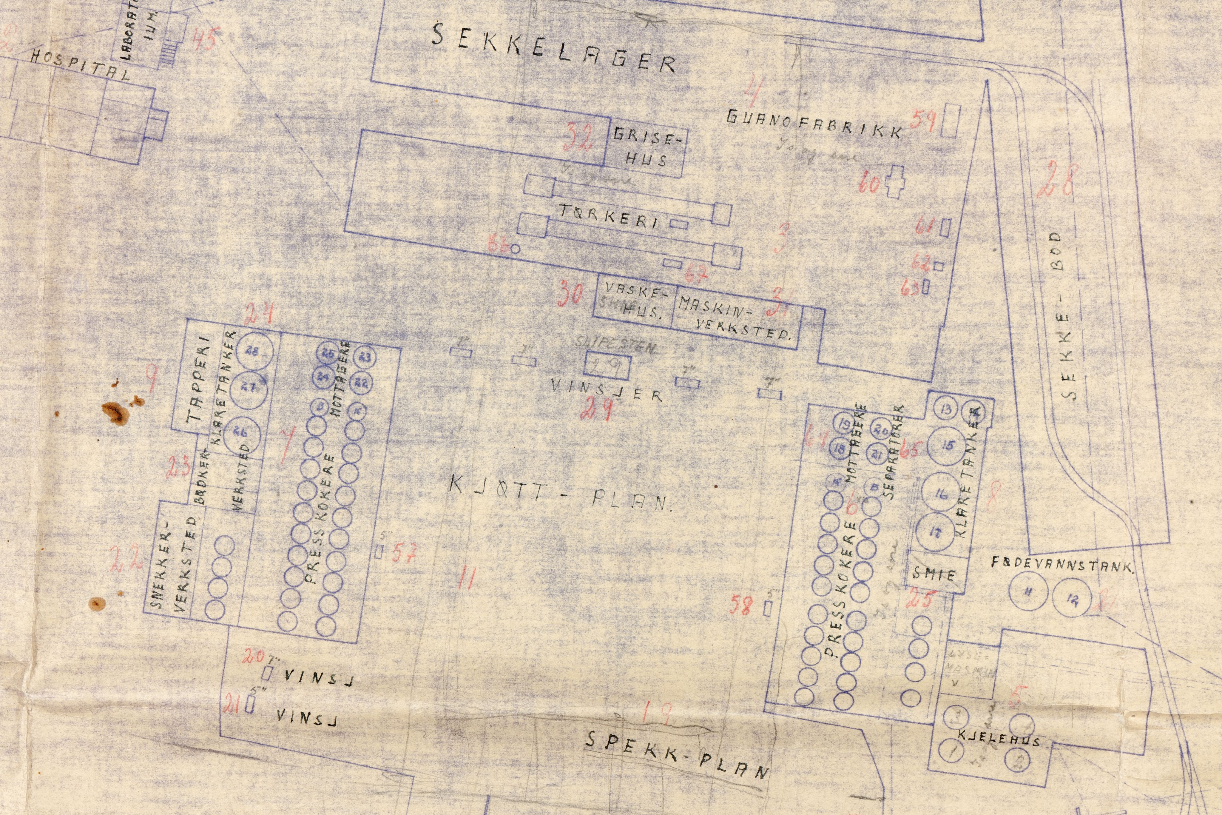 Pa 519 - Bugge & Krogh-Hansen, Interessentskap, VEMU/A-1593/T/Ta/L0001: Plantegning over landstasjonen med bygningsmasse, 1947-1953